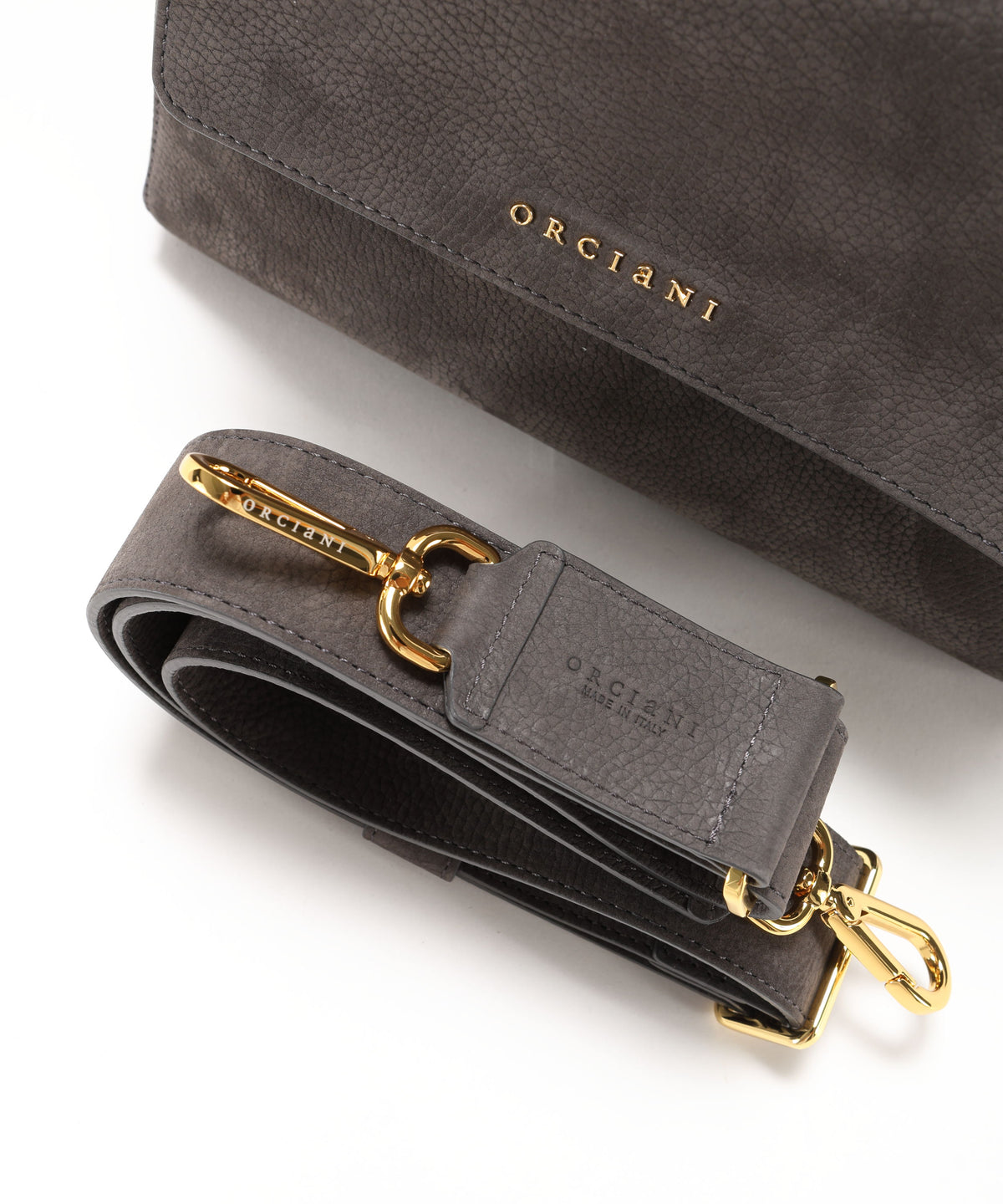 Bags ORCIANI Small Sveva Nabucco Handbag in Nubuck Leather with Shoulder Strap Carbone | ORCIANI