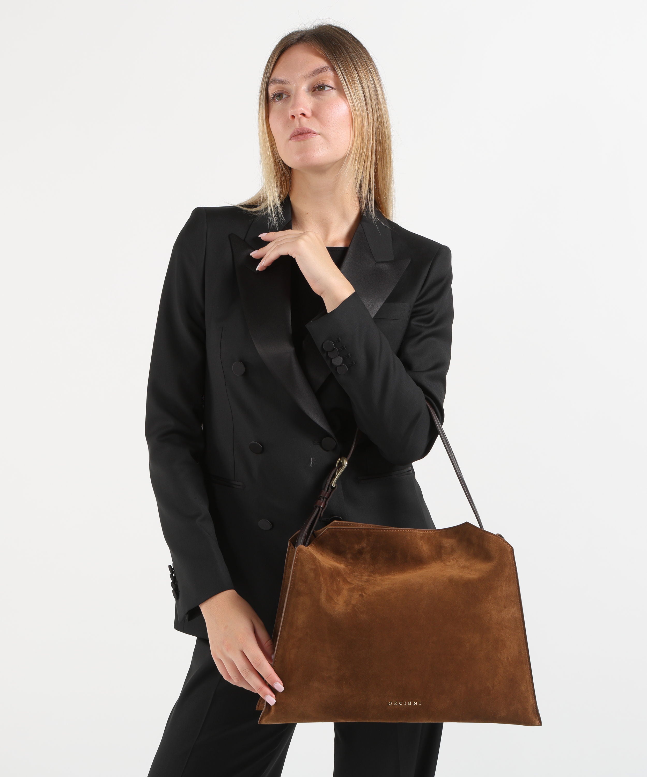 Borse ORCIANI Borsa Trinity Peach Oro Midi a spalla in suede e cuoio Tabacco | ORCIANI