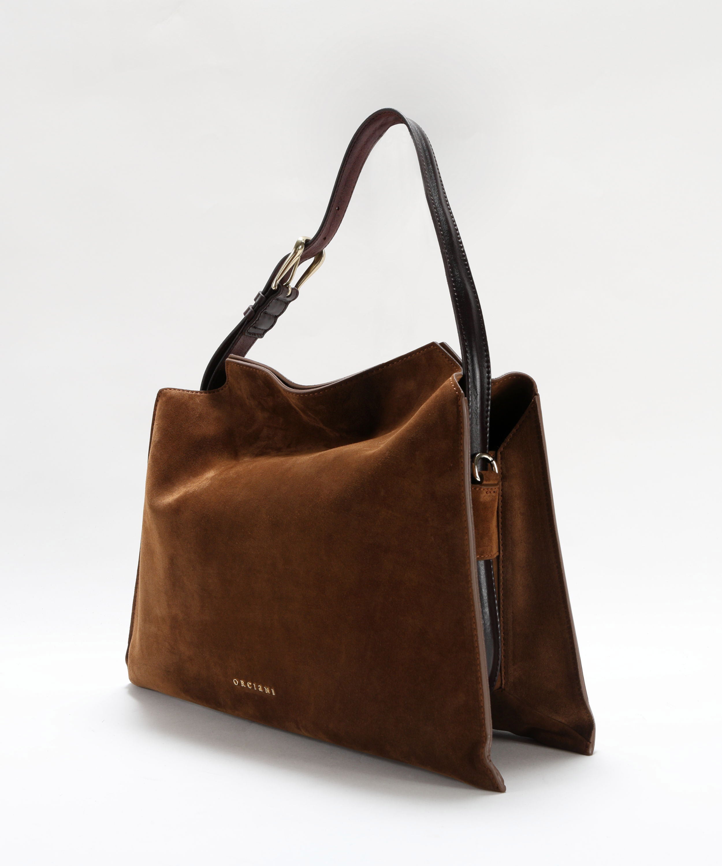 Borse ORCIANI Borsa Trinity Peach Oro Midi a spalla in suede e cuoio Tabacco | ORCIANI