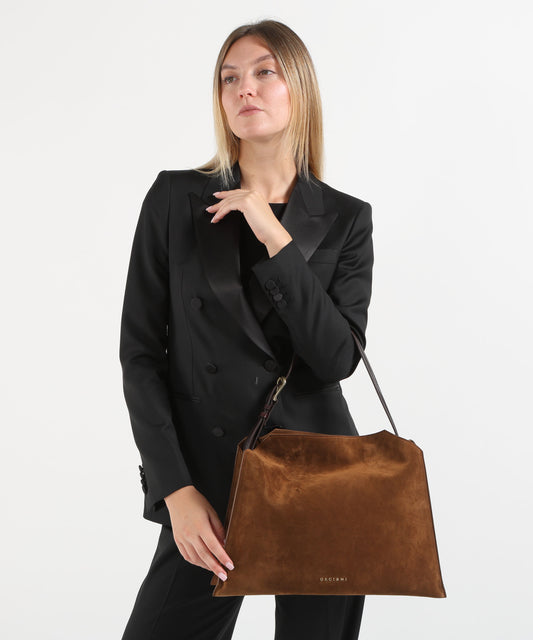 Borse ORCIANI Borsa Trinity Peach Oro Midi a spalla in suede e cuoio Blu | ORCIANI