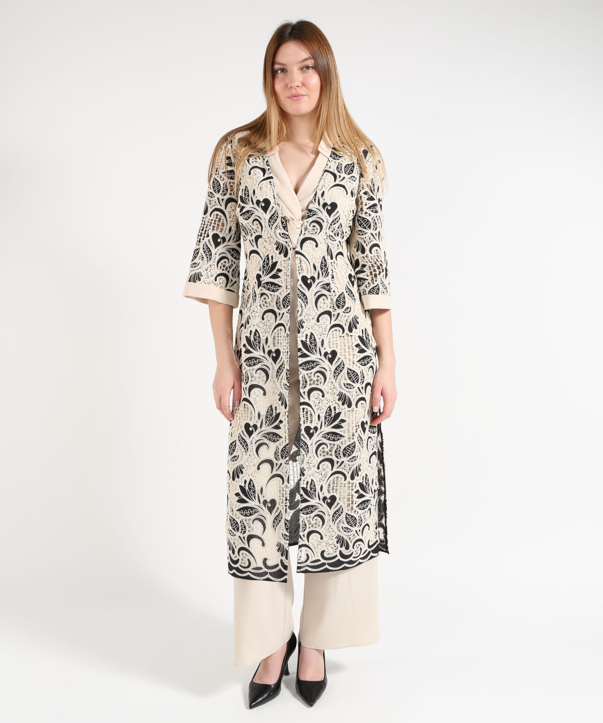 SONIA PENA Women’s Floral-Pattern Cutwork Duster Coat