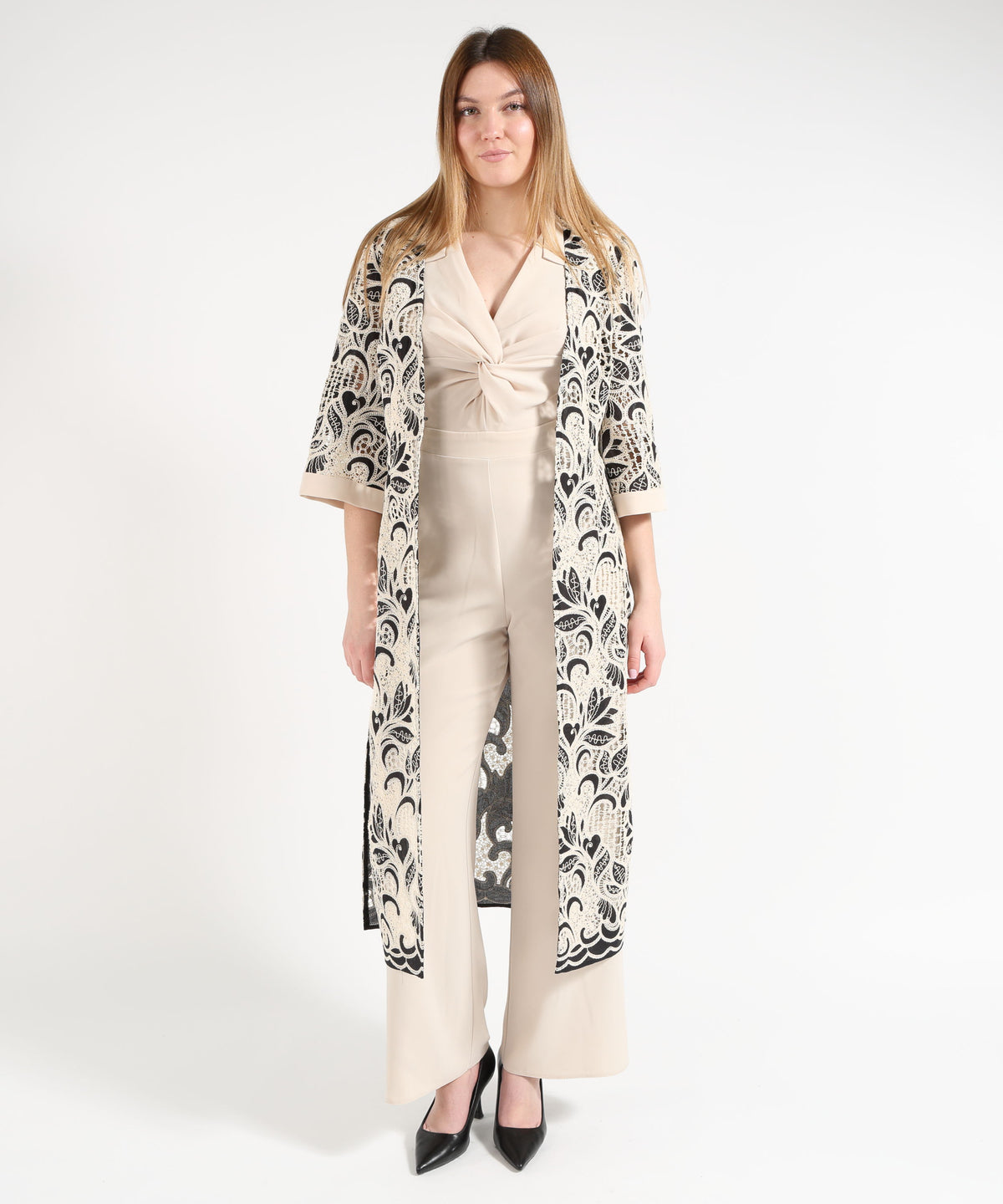 Light coats SONIA PENA Women’s Floral-Pattern Cutwork Duster Coat Bianco | SONIA PENA