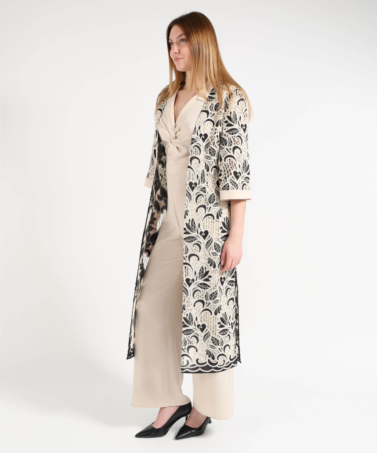 Light coats SONIA PENA Women’s Floral-Pattern Cutwork Duster Coat Bianco | SONIA PENA