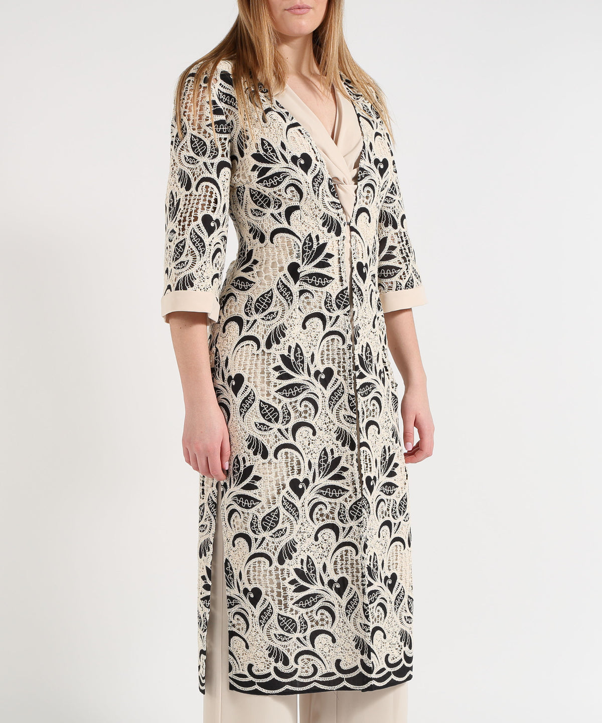 SONIA PENA Women’s Floral-Pattern Cutwork Duster Coat