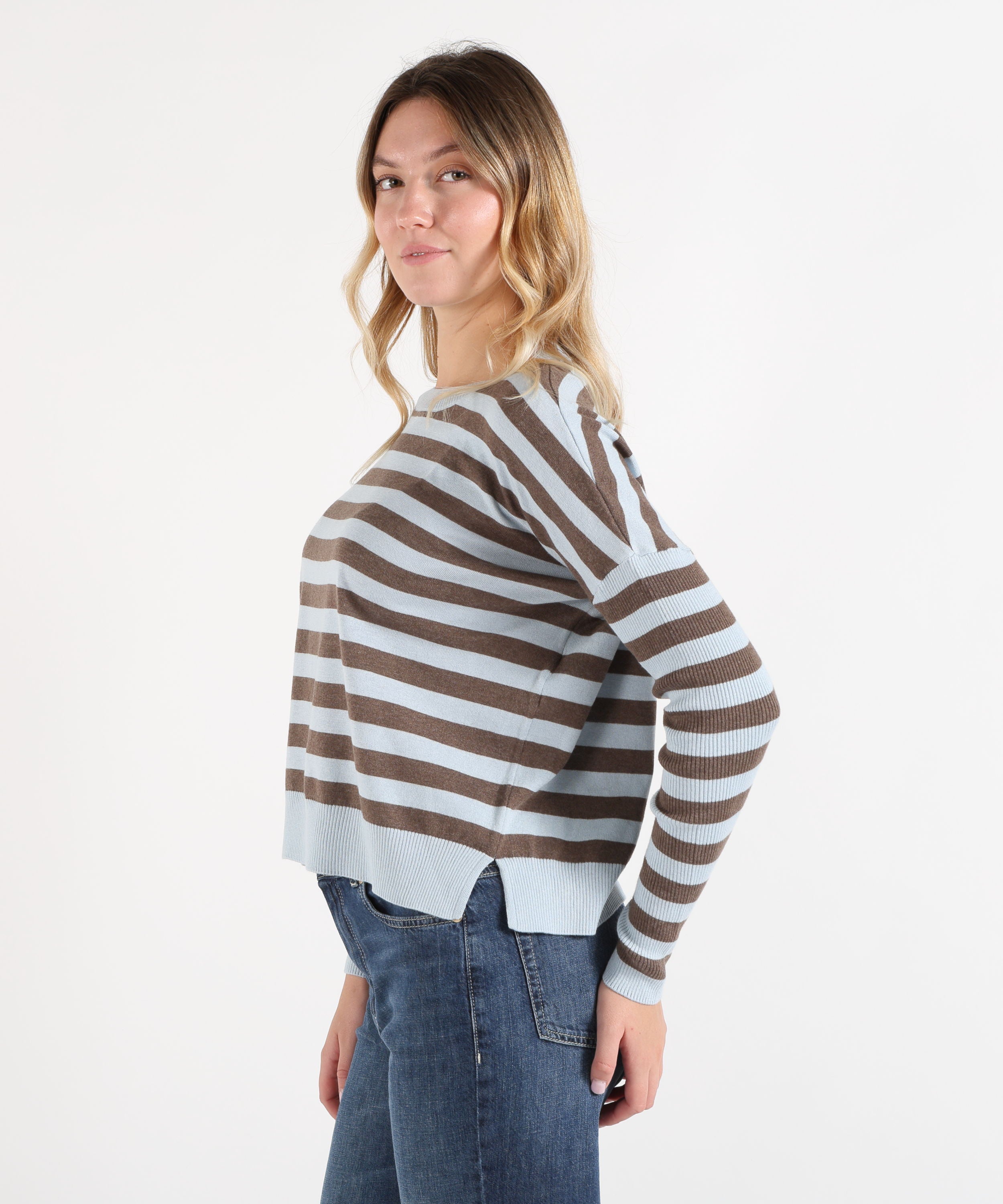 Maglie PENNYBLACK Maglia Cropped in Cotone, Seta e Cashmere Riga azzurra | PENNYBLACK