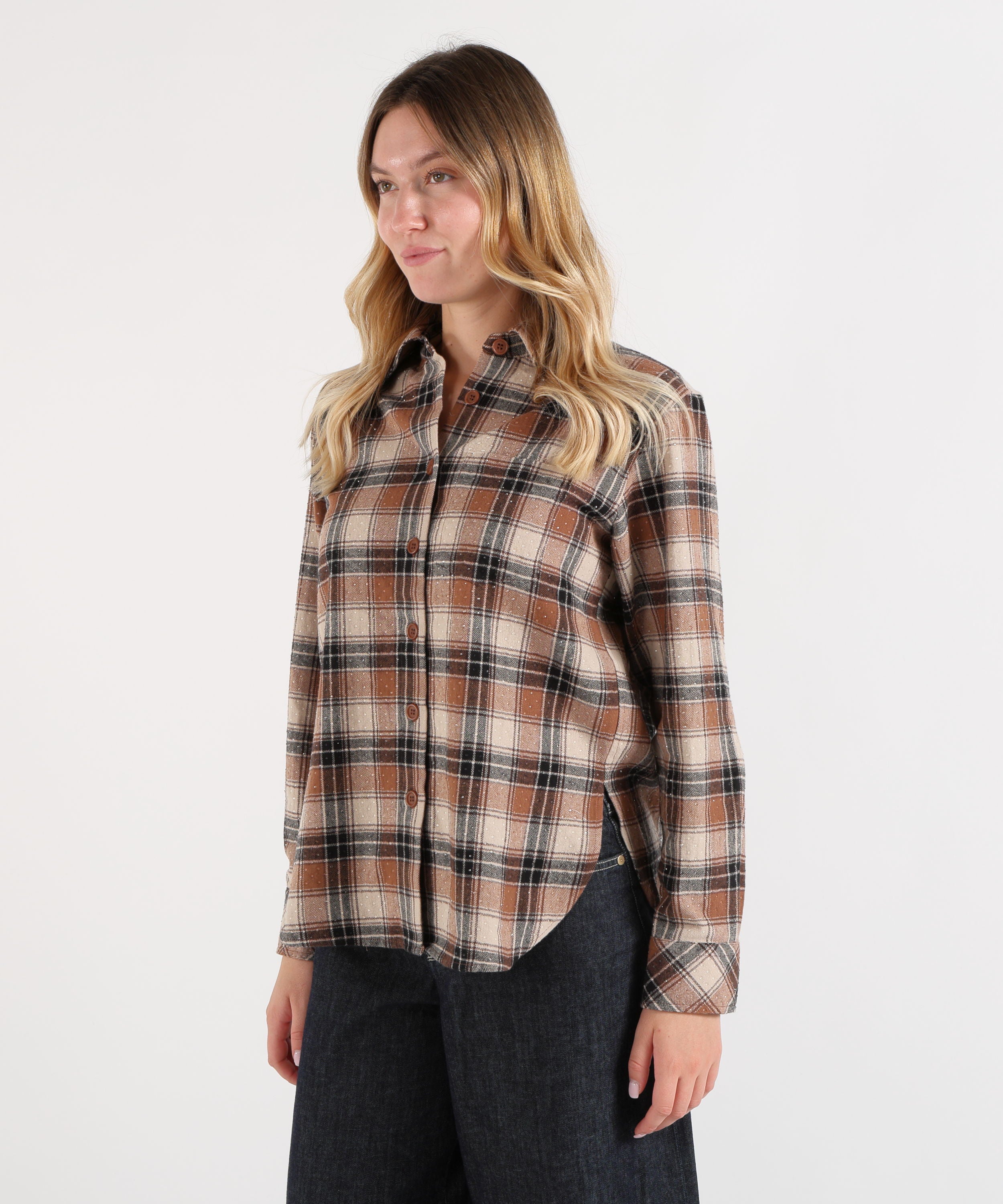 Camicie P.A.R.O.S.H. Camicia a Quadri in Flanella con Strass Marrone | P.A.R.O.S.H.