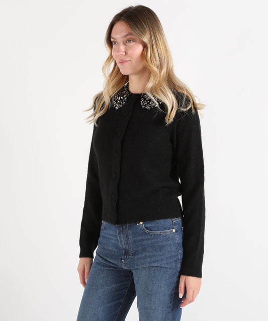 Cardigan SEVENTY Cardigan misto lana con applicazioni gioiello Nero | SEVENTY
