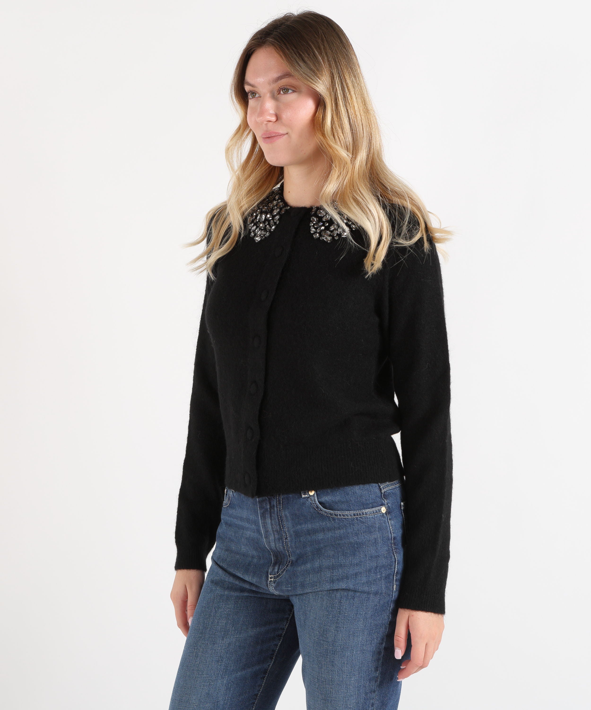 Cardigan SEVENTY Cardigan misto lana con applicazioni gioiello Nero | SEVENTY