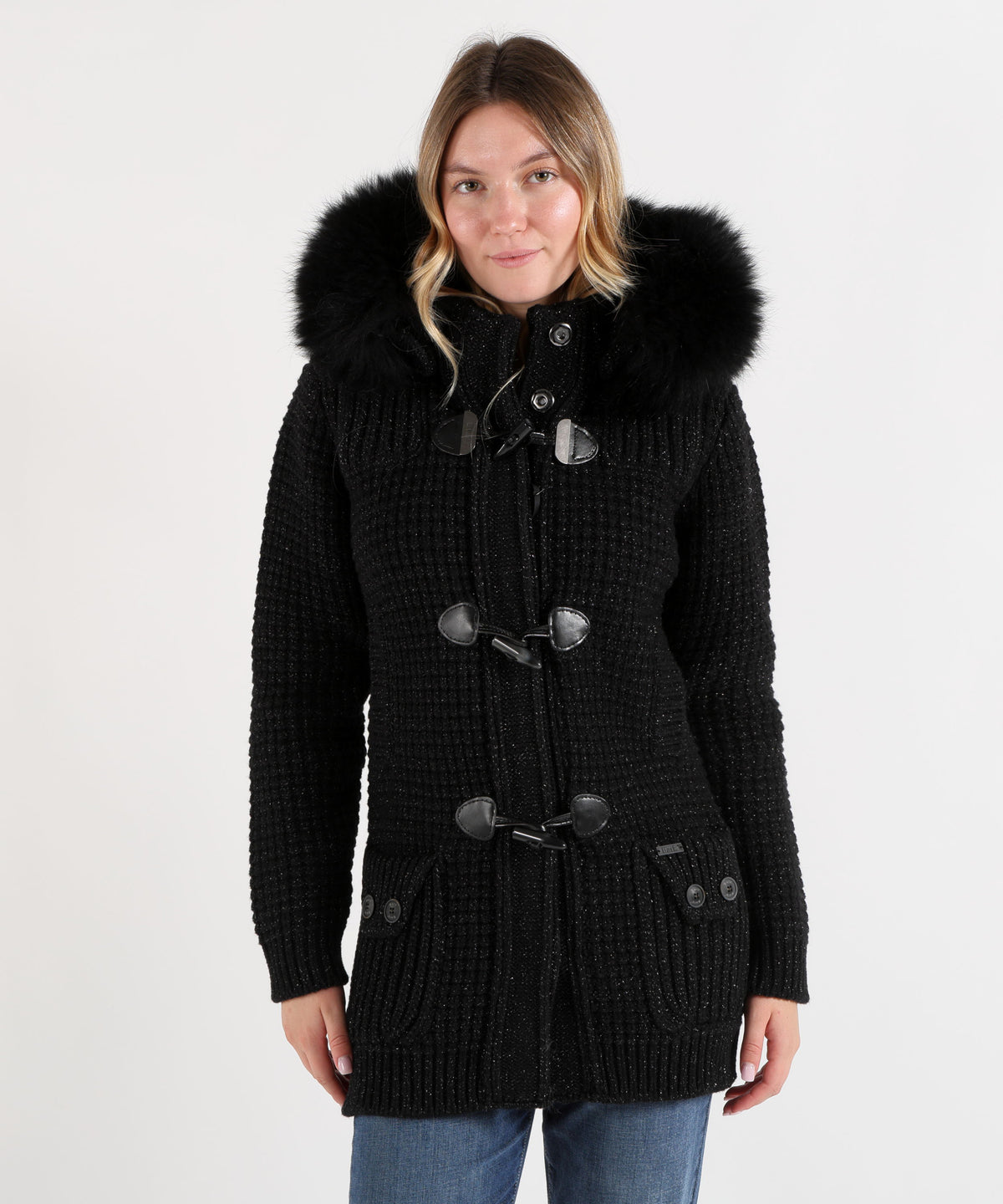 BARK Giaccone in Lana con Inserti Metallizzati e Cappuccio in Eco Pelliccia