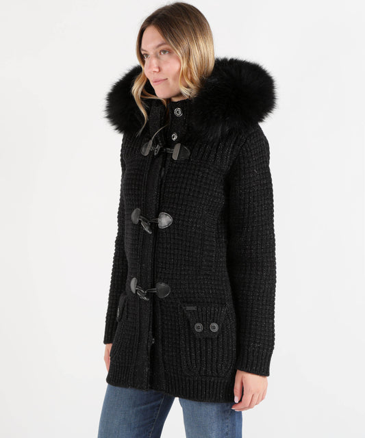 Giubbotti BARK Giaccone in Lana con Inserti Metallizzati e Cappuccio in Eco Pelliccia Nero | BARK