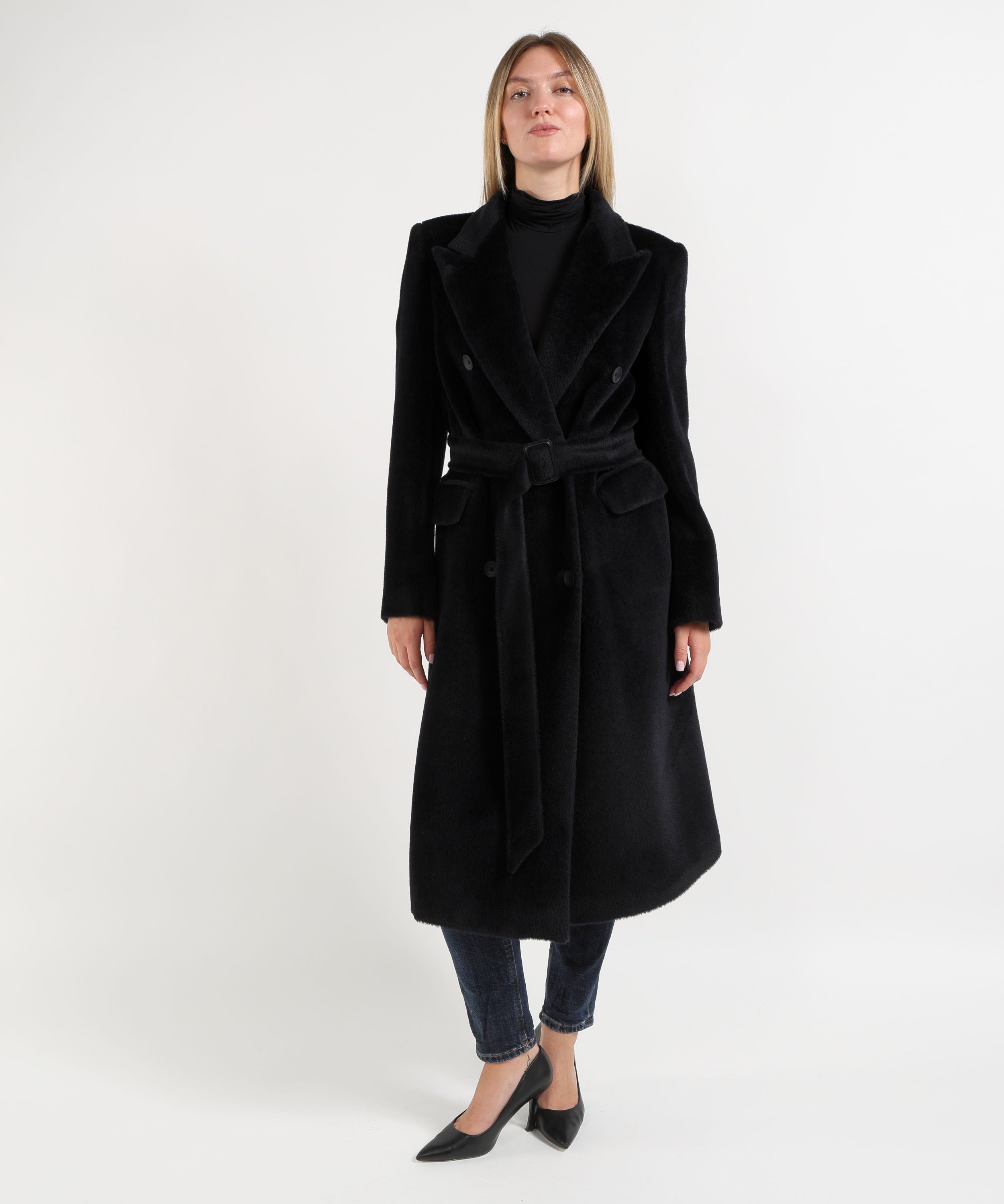 Cappotti TAGLIATORE Cappotto Lungo Doppiopetto in Alpaca con Cintura Blu | TAGLIATORE