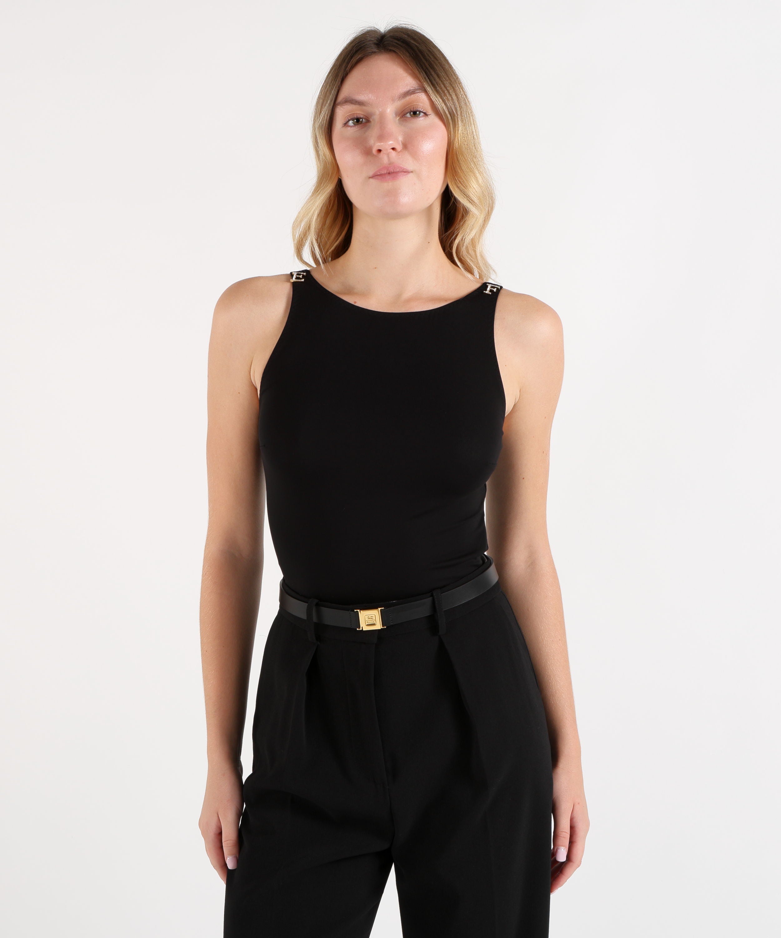Body ELISABETTA FRANCHI Body in jersey crêpe con loghi gioiello Nero | ELISABETTA FRANCHI
