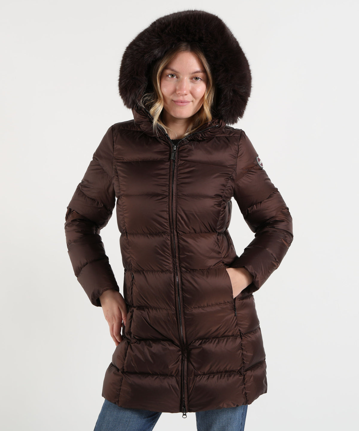 Puffer jackets COLMAR Long Down Jacket with Faux Fur Marrone | COLMAR