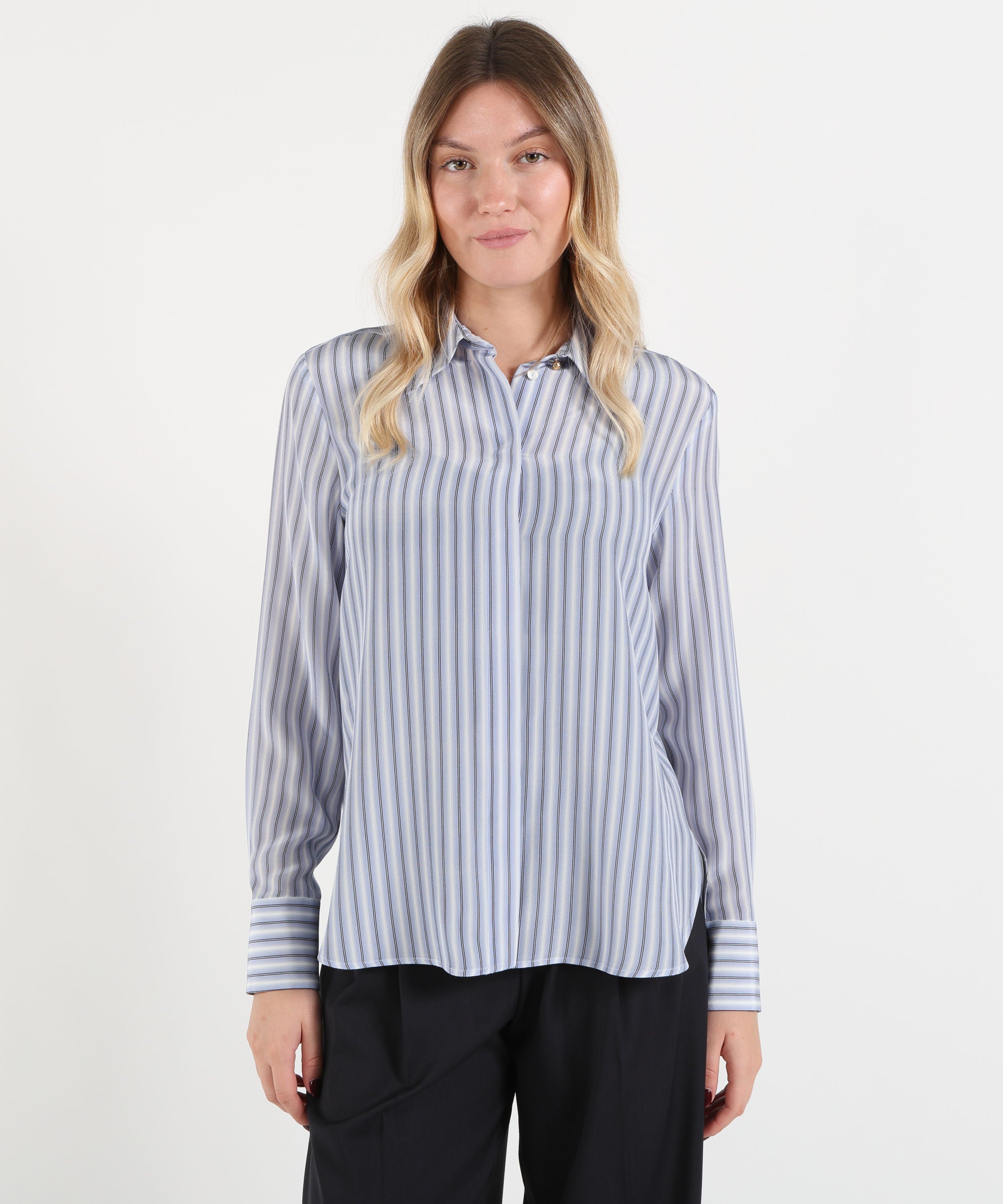 Camicie MAX MARA studio Camicia in Crêpe de Chine di Seta con Stampa All Over Riga azzurra | MAX MARA studio
