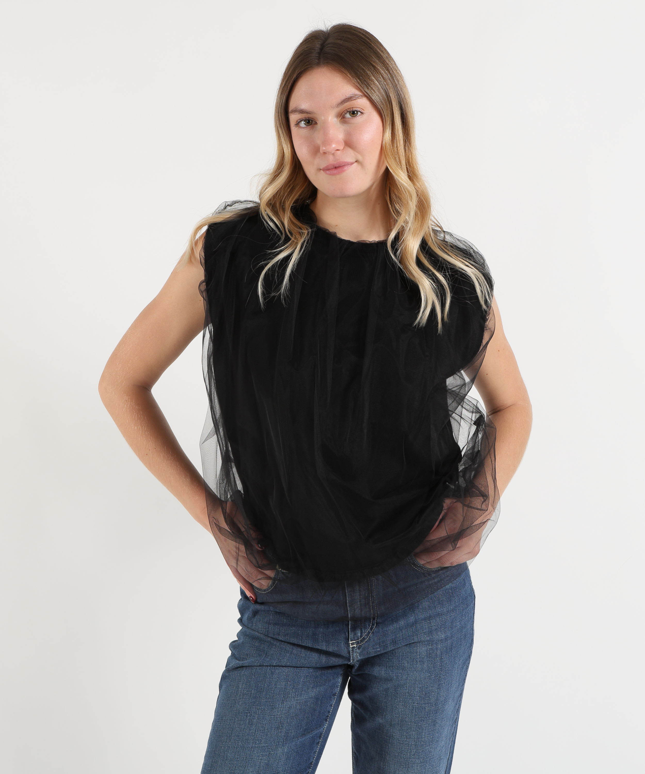 Bluse MEIMEI Top smanicato in tulle Nero | MEIMEI