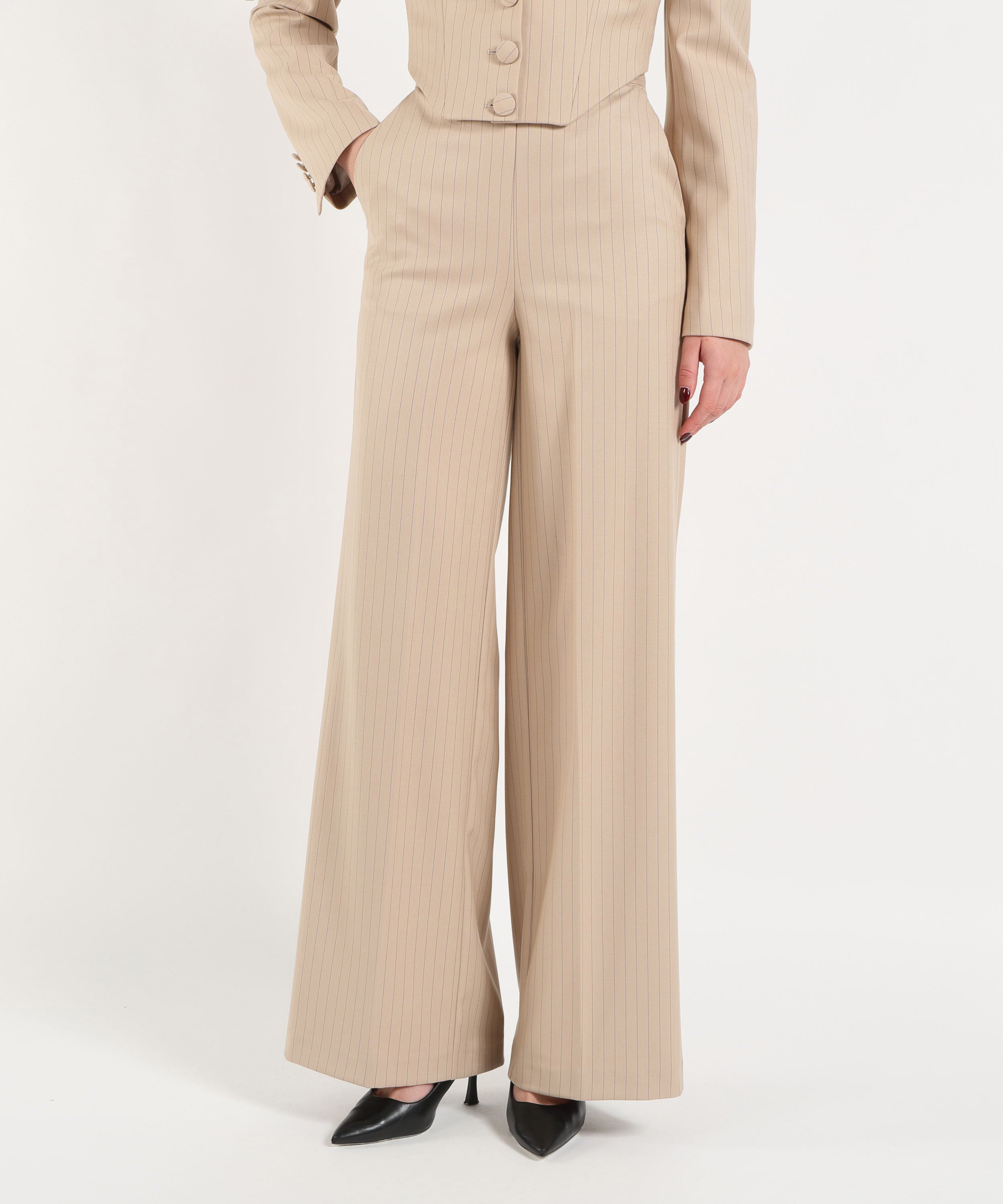 Pantaloni SILENCE LIMITED Janet Pants Pantalone Palazzo Gessato Sabbia | SILENCE LIMITED