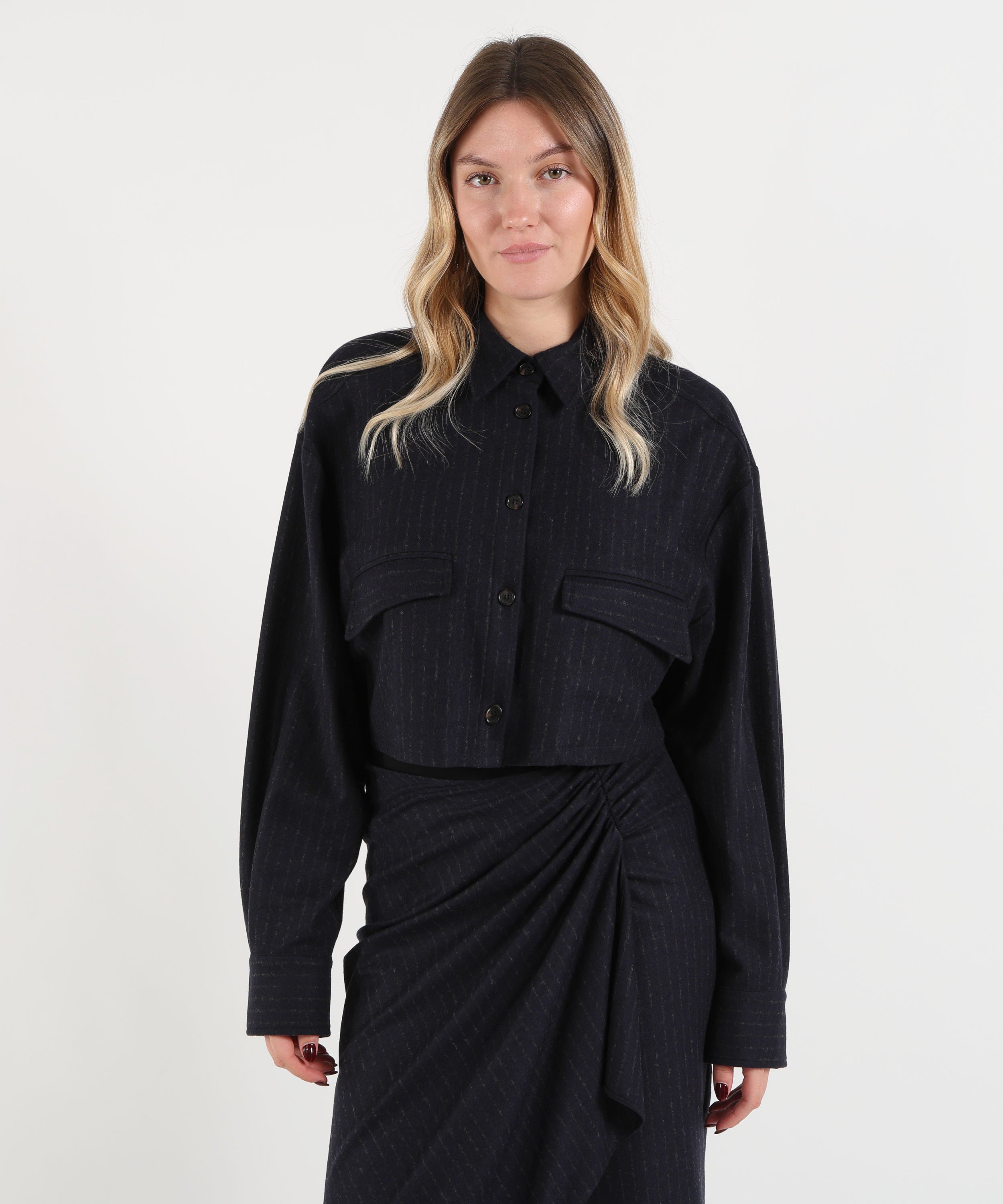 Camicie PINKO Camicia Cropped in Misto Lana a Righe Avio | PINKO