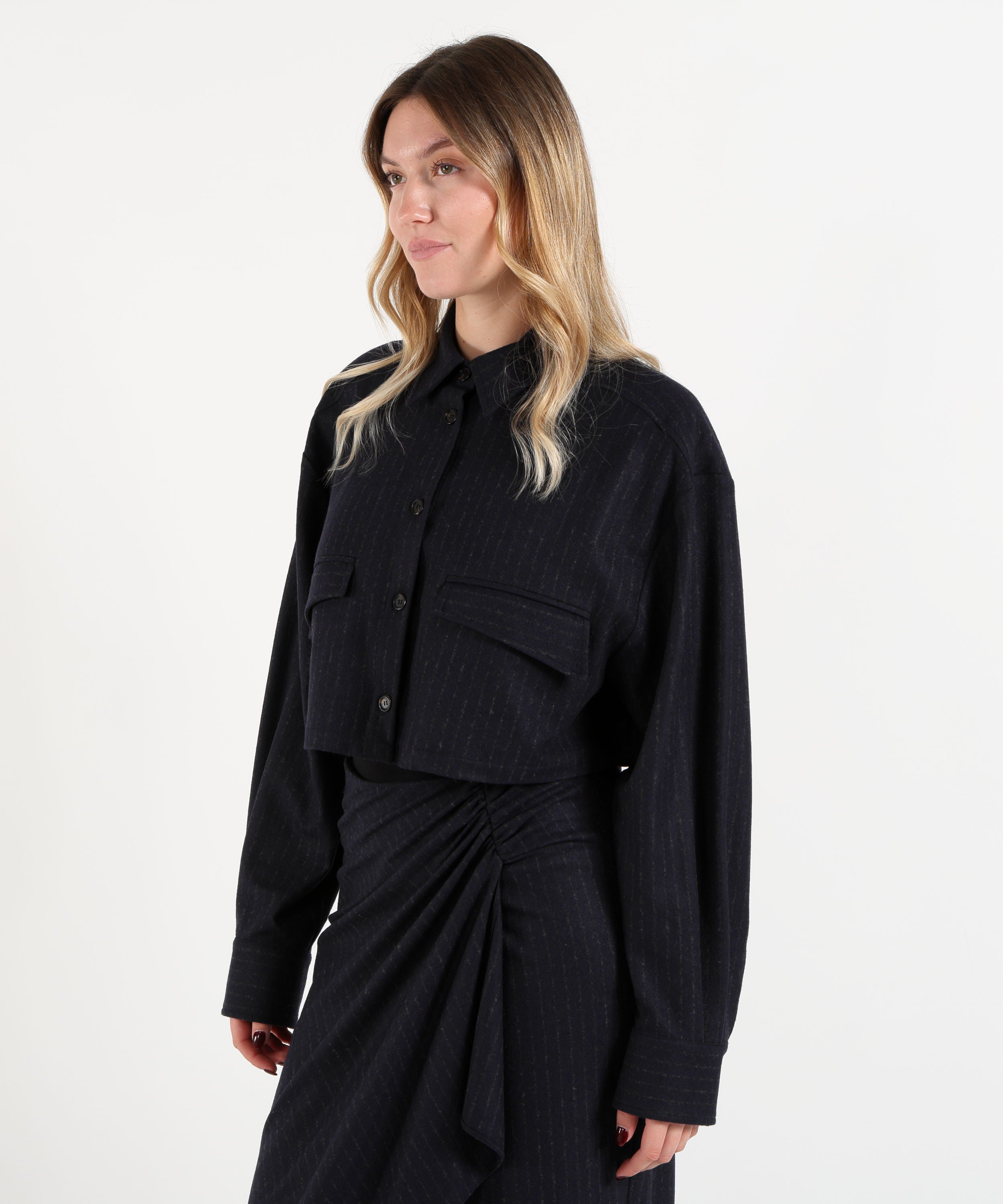Camicie PINKO Camicia Cropped in Misto Lana a Righe Avio | PINKO