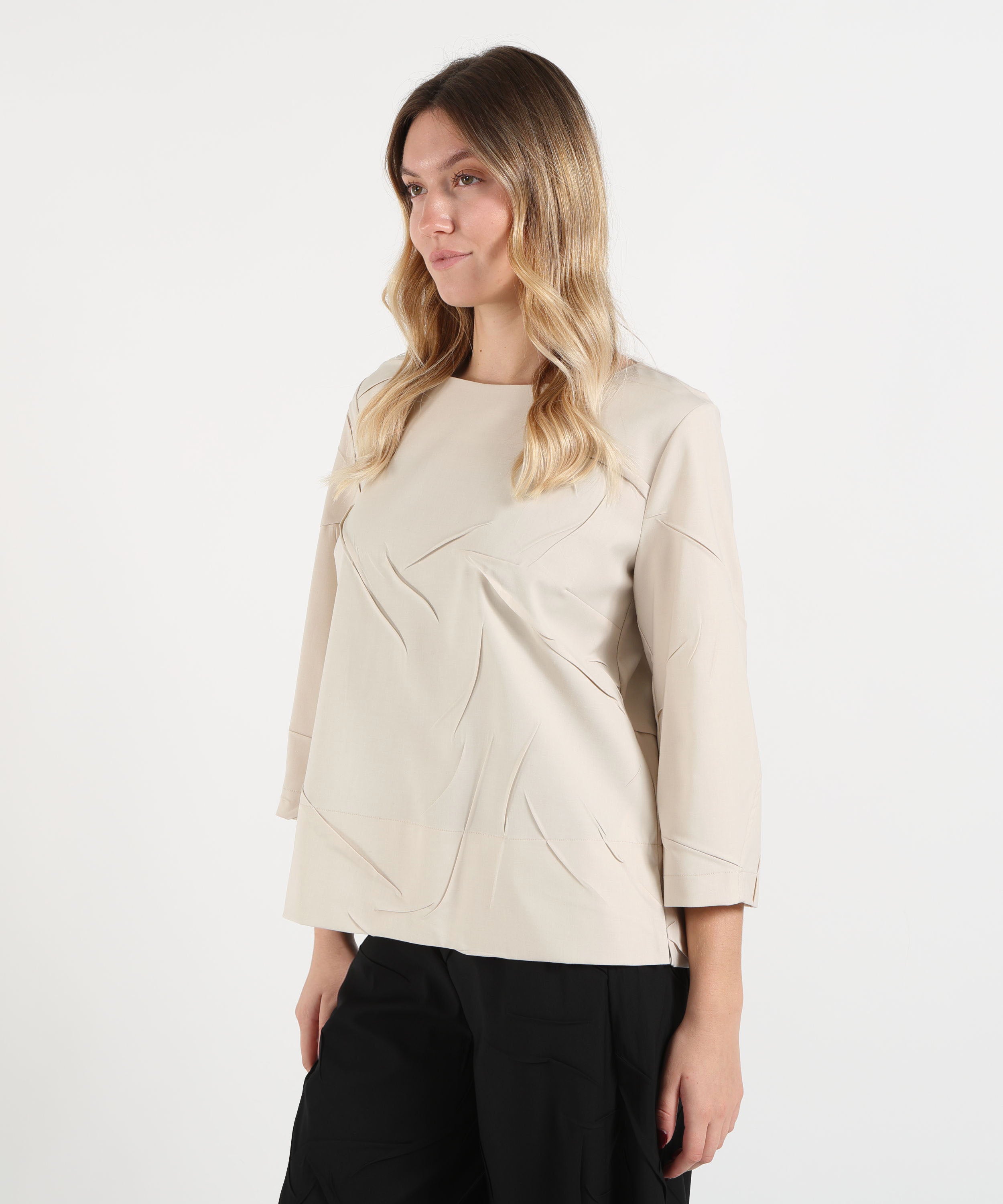 Bluse MEIMEI blusa da donna Meimeij con motivo di pieghe a maniche a tre quarti Naturale | MEIMEI