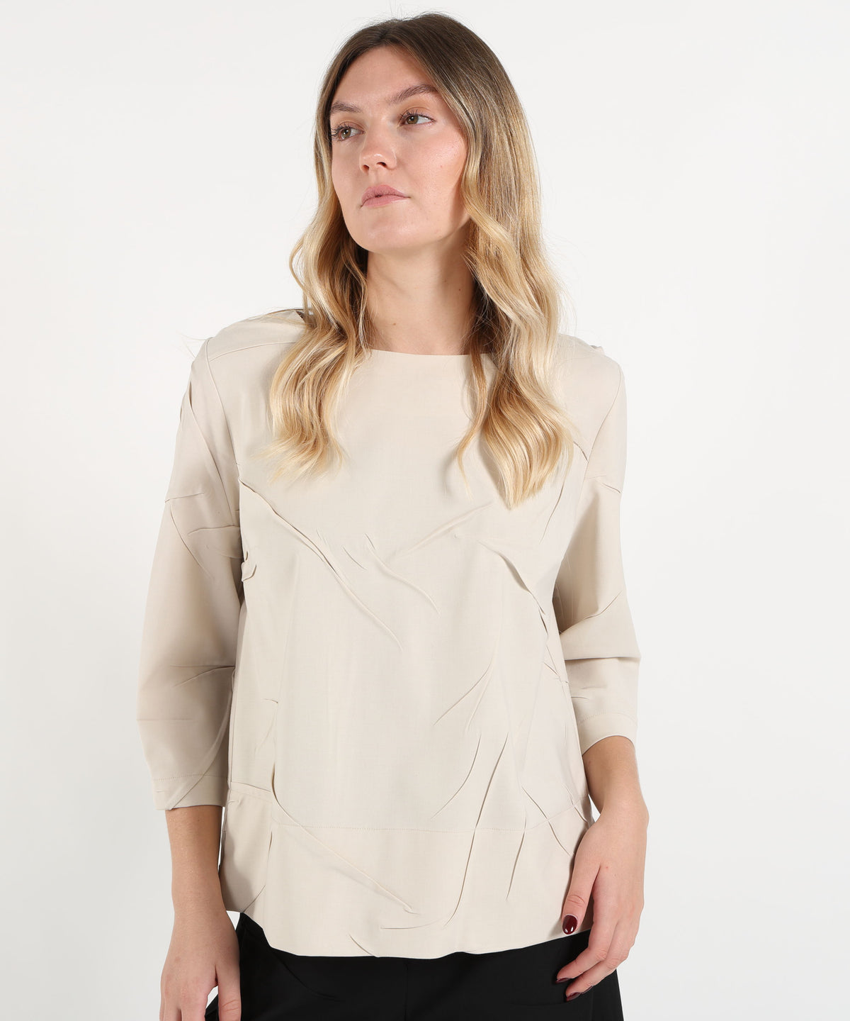 Bluse MEIMEI blusa da donna Meimeij con motivo di pieghe a maniche a tre quarti Naturale | MEIMEI