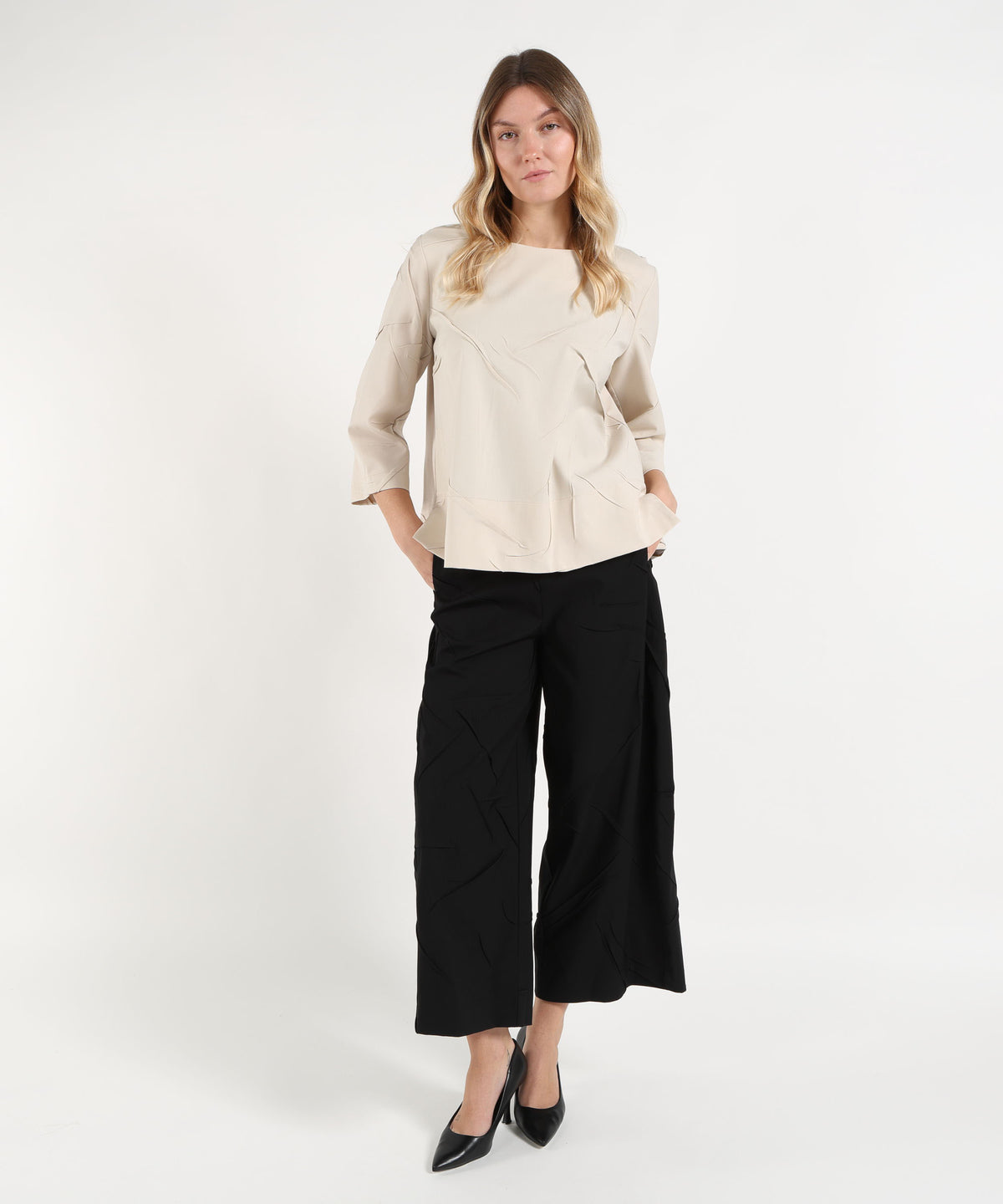 MEIMEI blusa da donna Meimeij con motivo di pieghe a maniche a tre quarti
