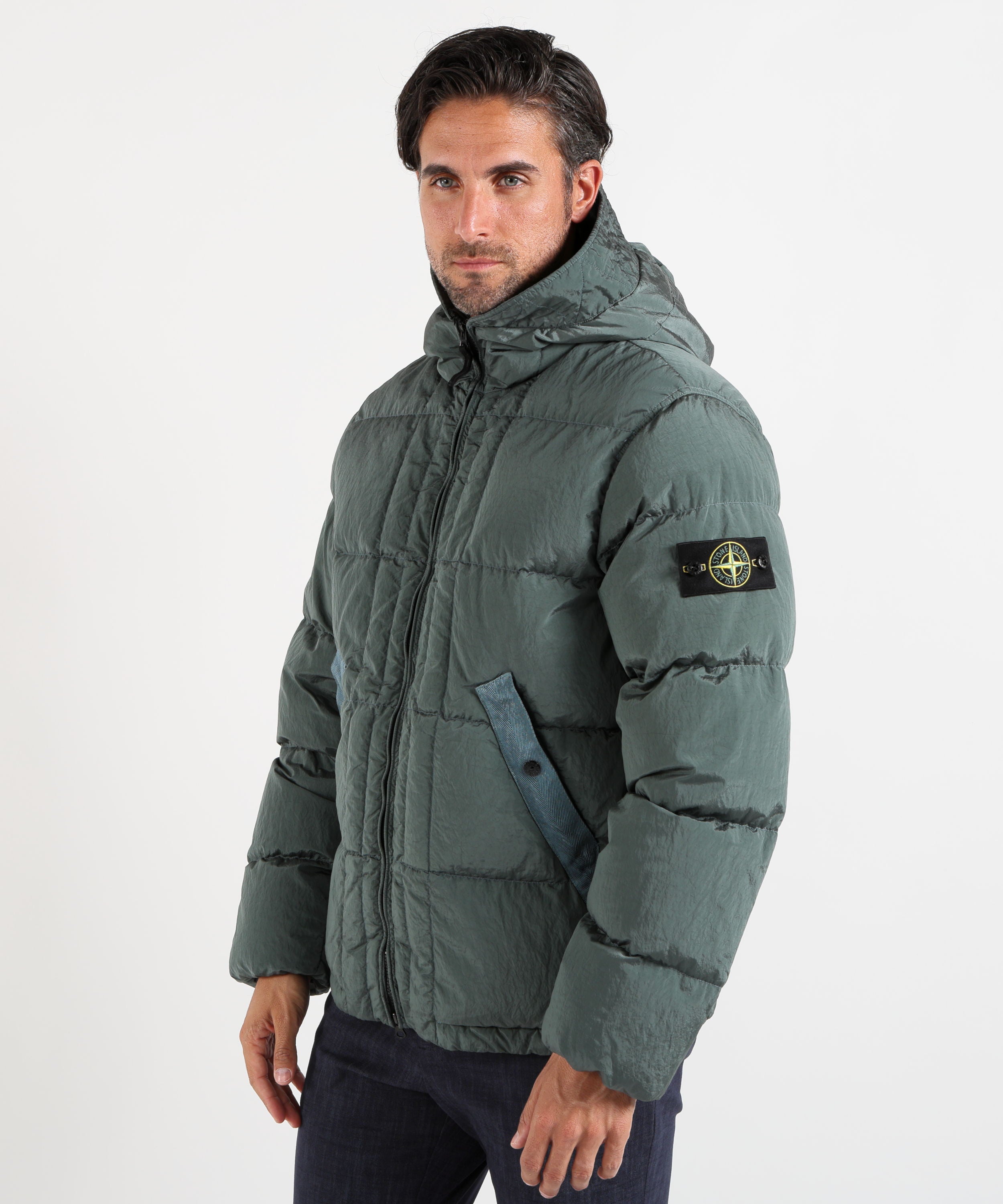Puffer jackets STONE ISLAND “ECONYL® Nylon Metal Hooded Down Jacket with Drawstring Hem Verde oceano | STONE ISLAND