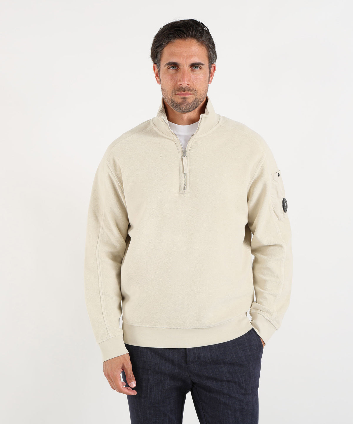 C.P. COMPANY Brushed Emerized Diagonal Fleece Half Zip Lens Sweatshirt