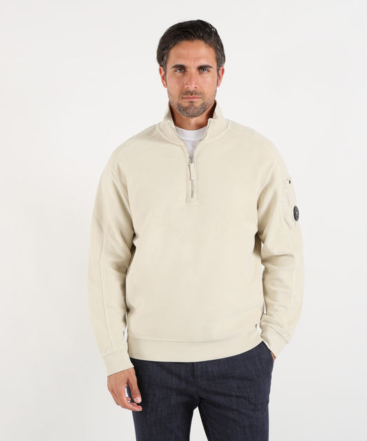 Pullover C.P. COMPANY Brushed Emerized Diagonal Fleece Half Zip Lens Sweatshirt Sabbia | C.P. COMPANY