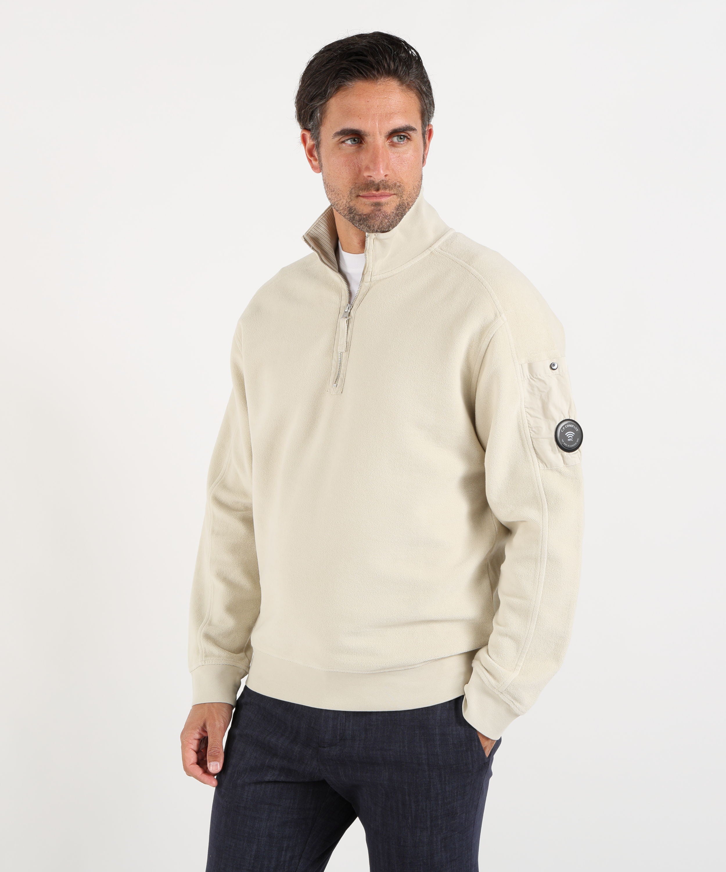 Pullover C.P. COMPANY Brushed Emerized Diagonal Fleece Half Zip Lens Sweatshirt Sabbia | C.P. COMPANY