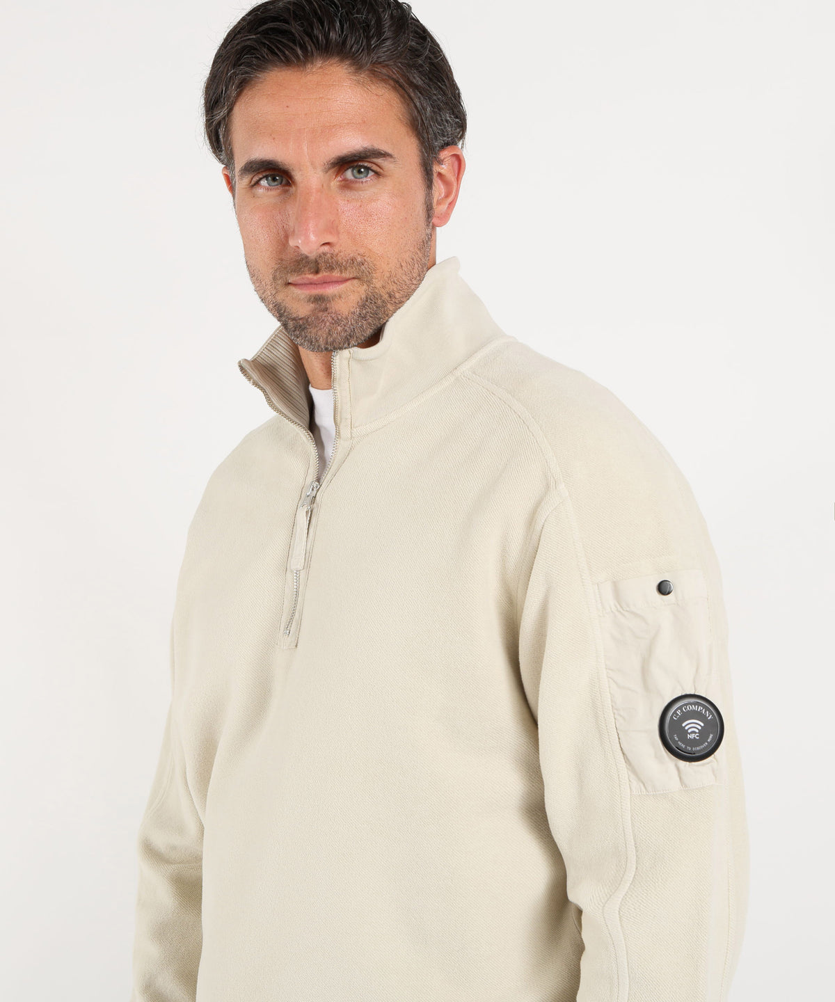 Pullover C.P. COMPANY Brushed Emerized Diagonal Fleece Half Zip Lens Sweatshirt Sabbia | C.P. COMPANY