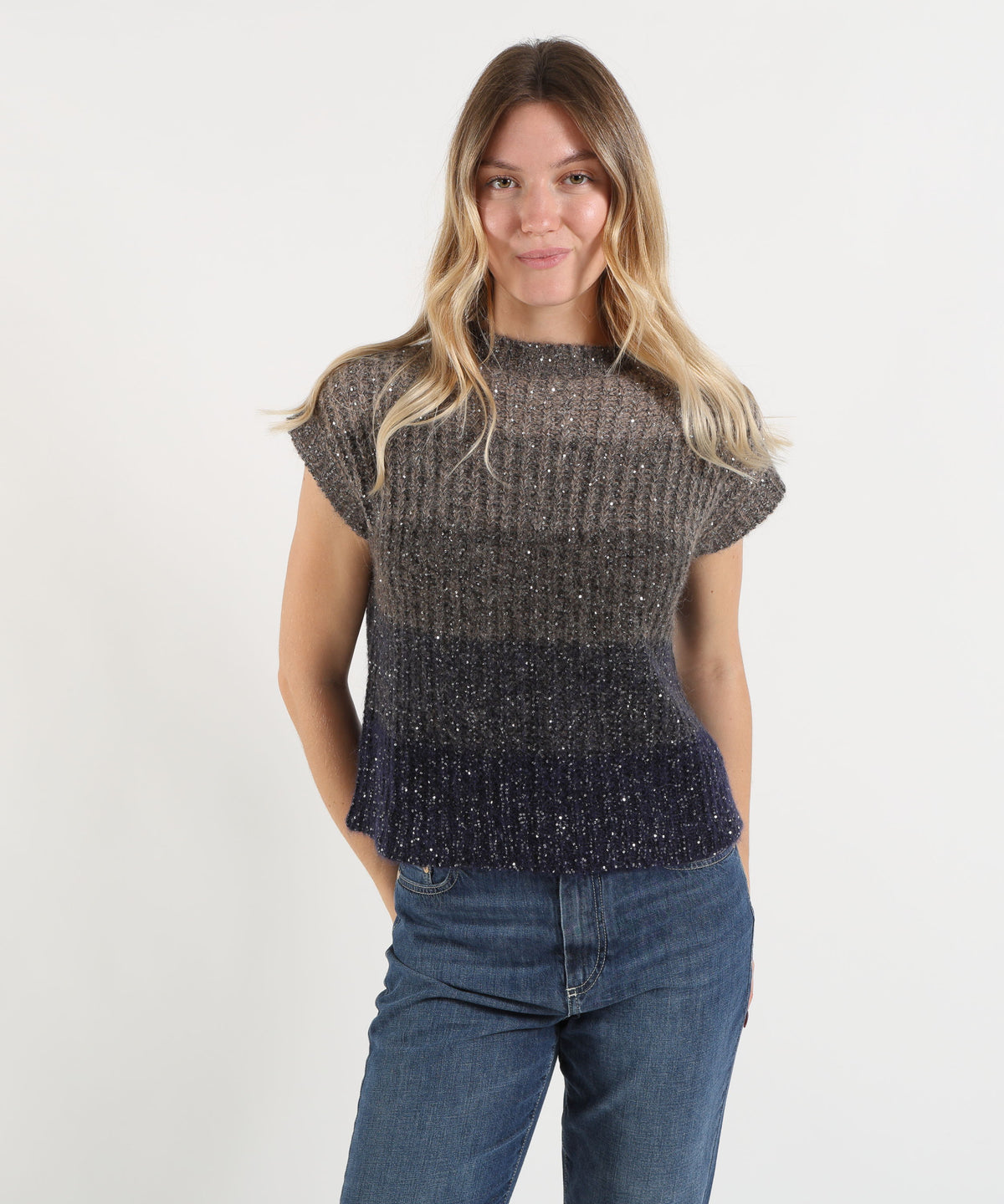 D.EXTERIOR Gilet Donna in Maglia con Scollo Tondo, Paillettes ed Effetto Sfumato