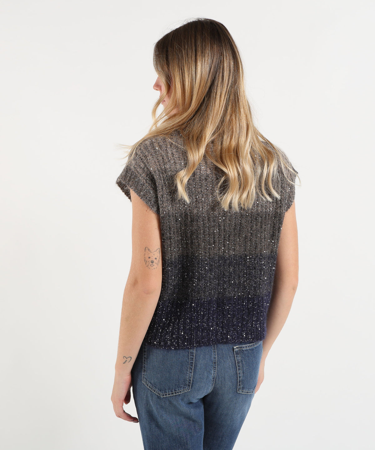 D.EXTERIOR Gilet Donna in Maglia con Scollo Tondo, Paillettes ed Effetto Sfumato