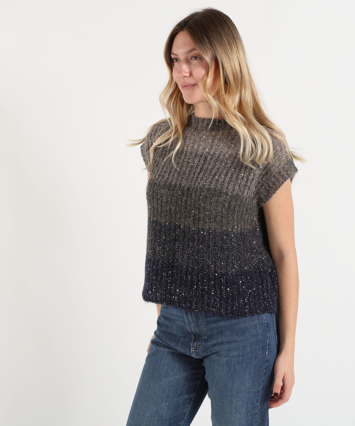 D.EXTERIOR Gilet Donna in Maglia con Scollo Tondo, Paillettes ed Effetto Sfumato