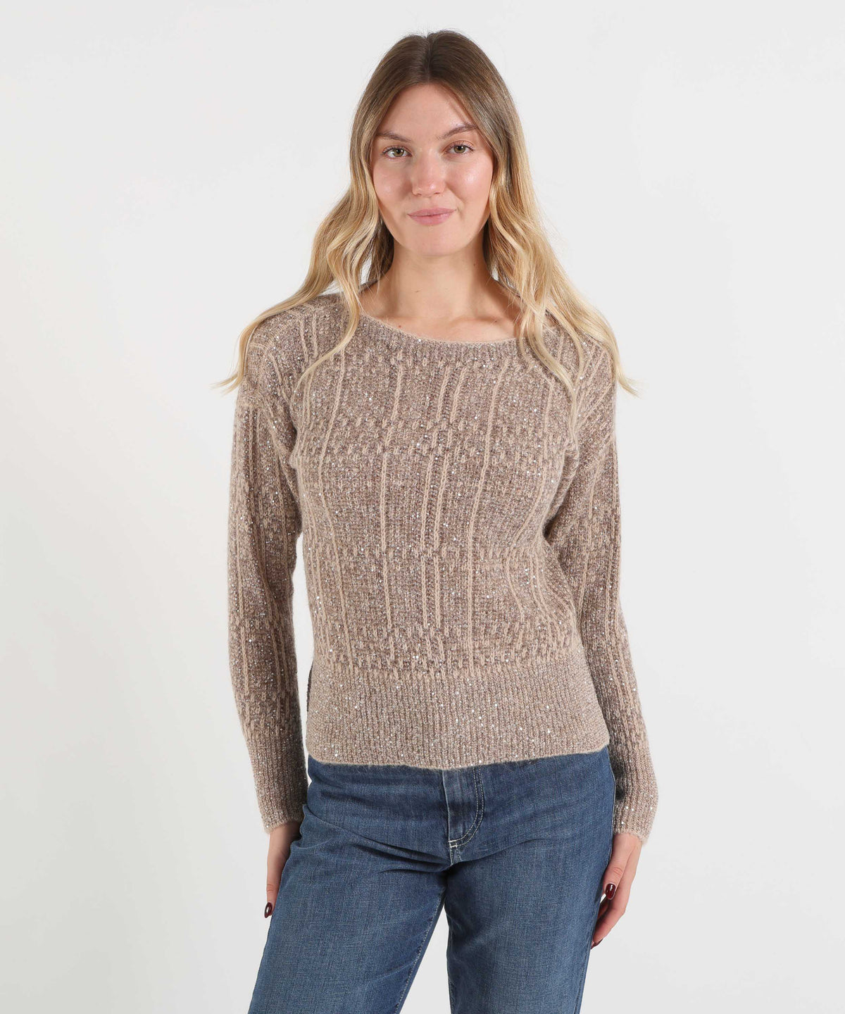 D.EXTERIOR Maglione Donna con Scollo a Barca, Effetto Mélange e Paillettes