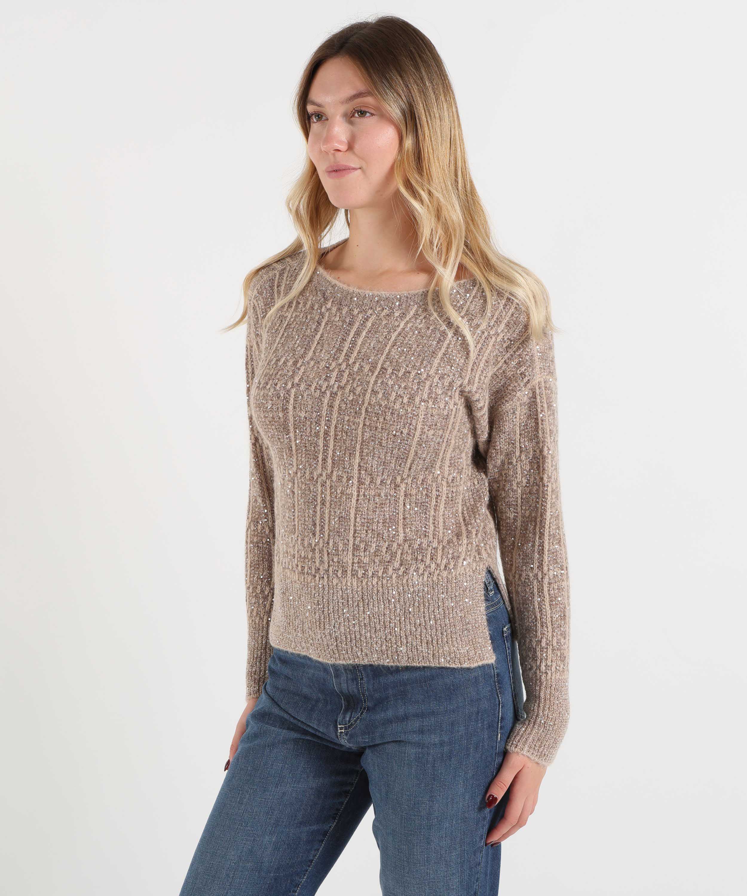 D.EXTERIOR Women's Boat-Neck Sweater with Mélange Effect and Sequins