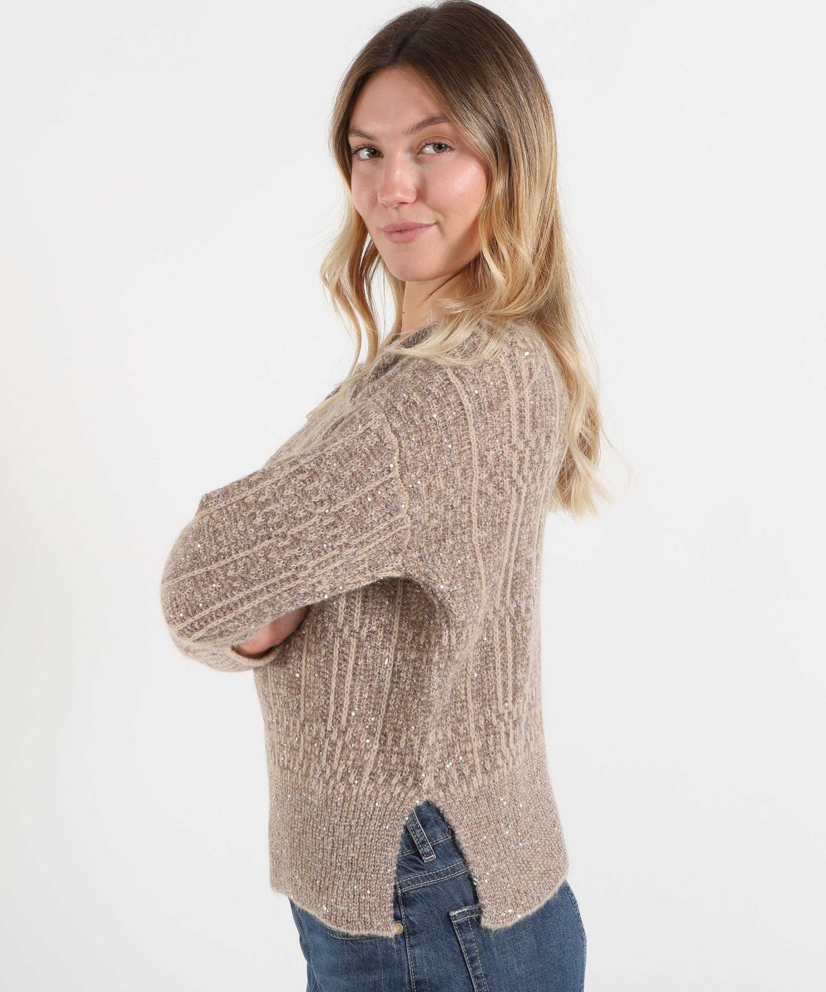 Maglie D.EXTERIOR Maglione Donna con Scollo a Barca, Effetto Mélange e Paillettes Beige | D.EXTERIOR