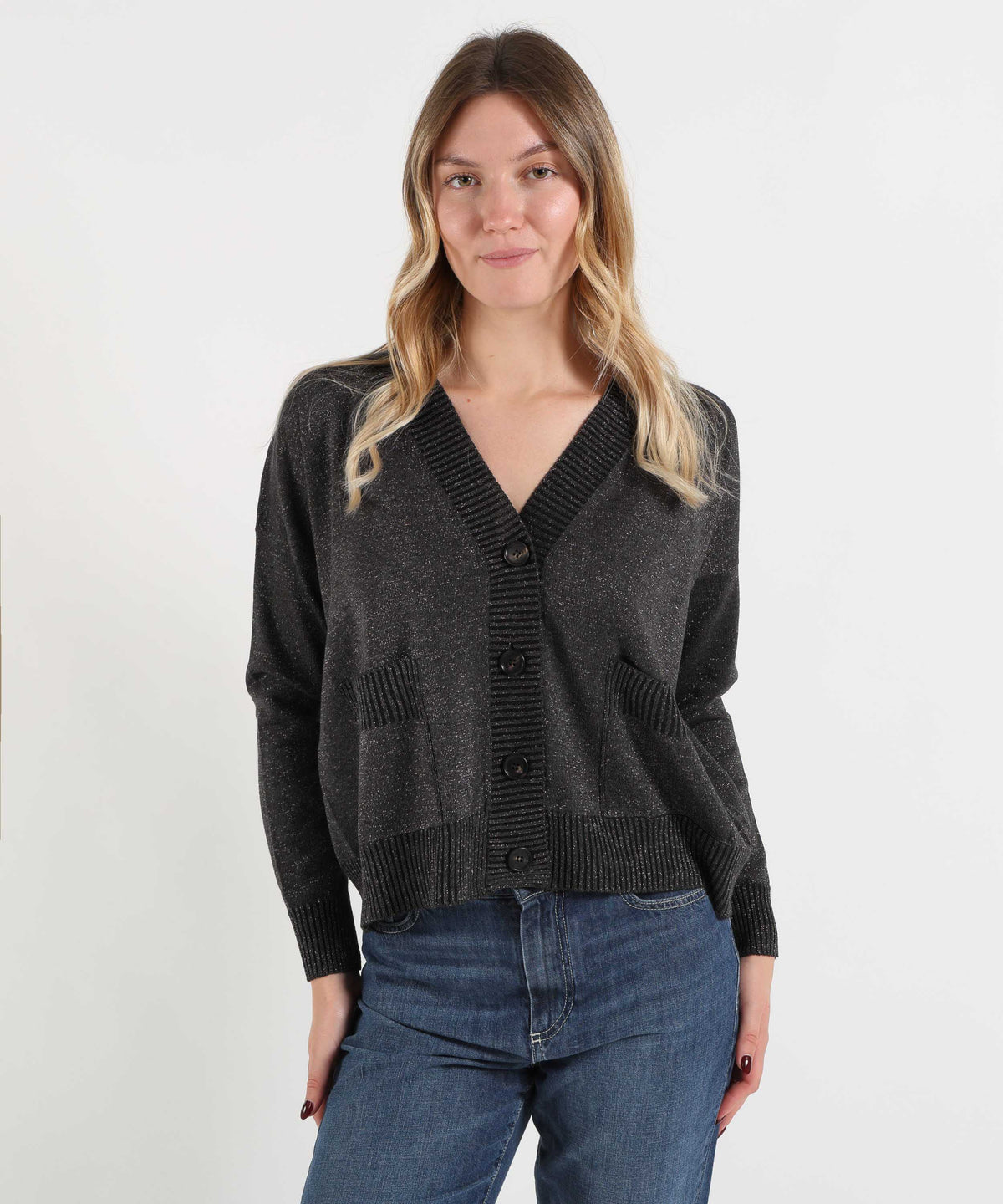 D.EXTERIOR Cardigan Donna in Maglia con Filo Lurex e Scollo a V