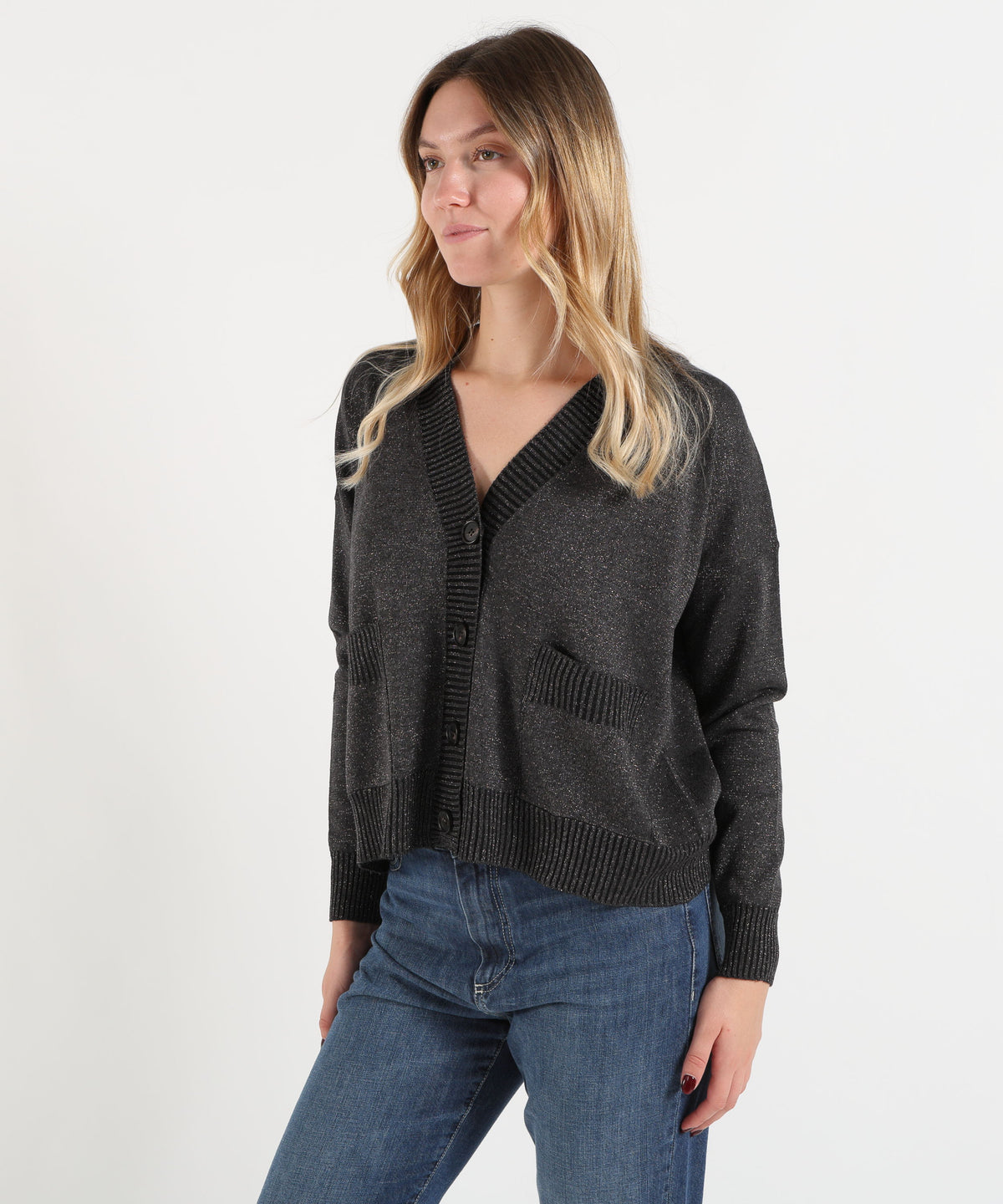 D.EXTERIOR Cardigan Donna in Maglia con Filo Lurex e Scollo a V