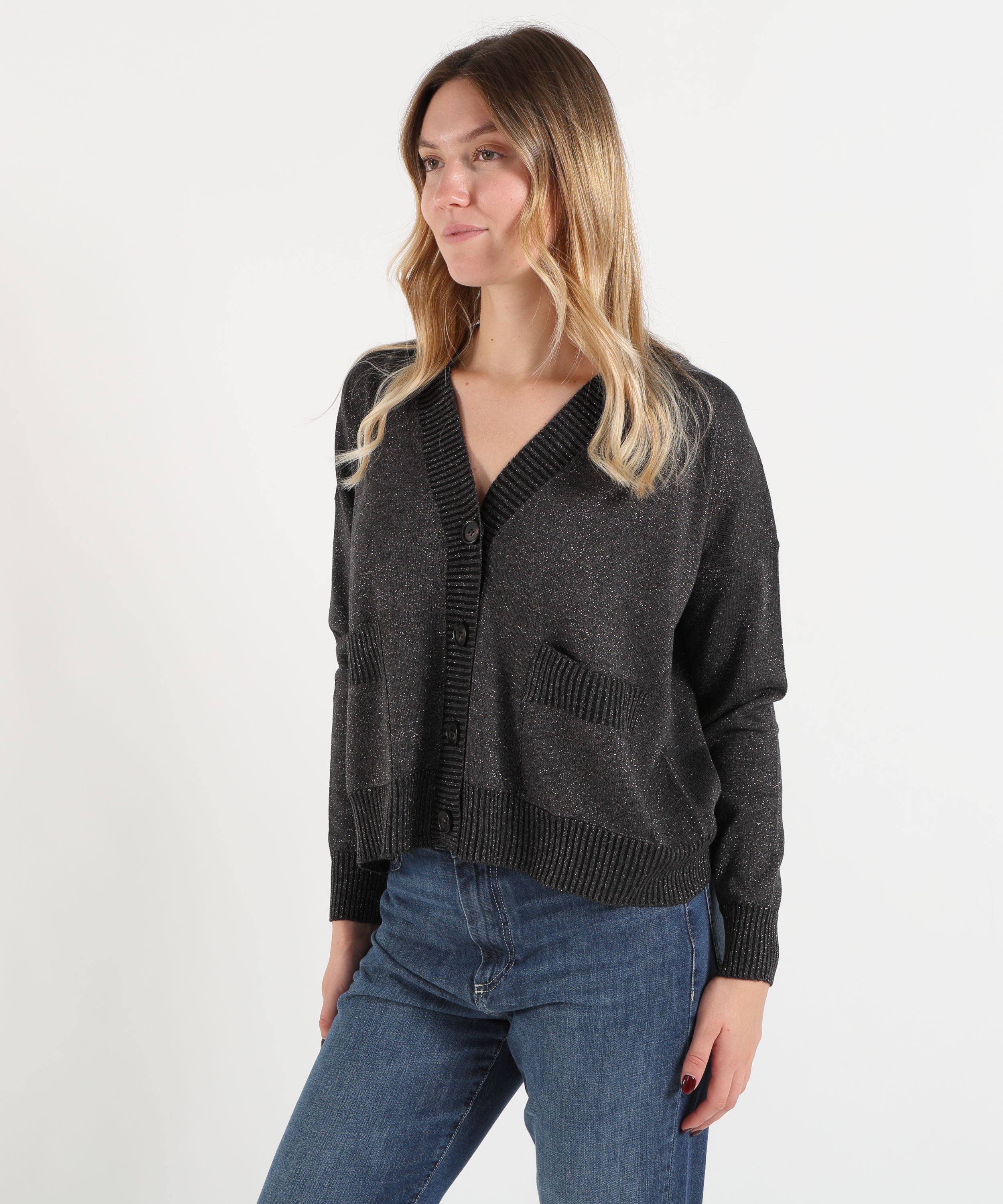 Cardigans D.EXTERIOR  Cardigan Donna in Maglia con Filo Lurex e Scollo a V Antracite | D.EXTERIOR