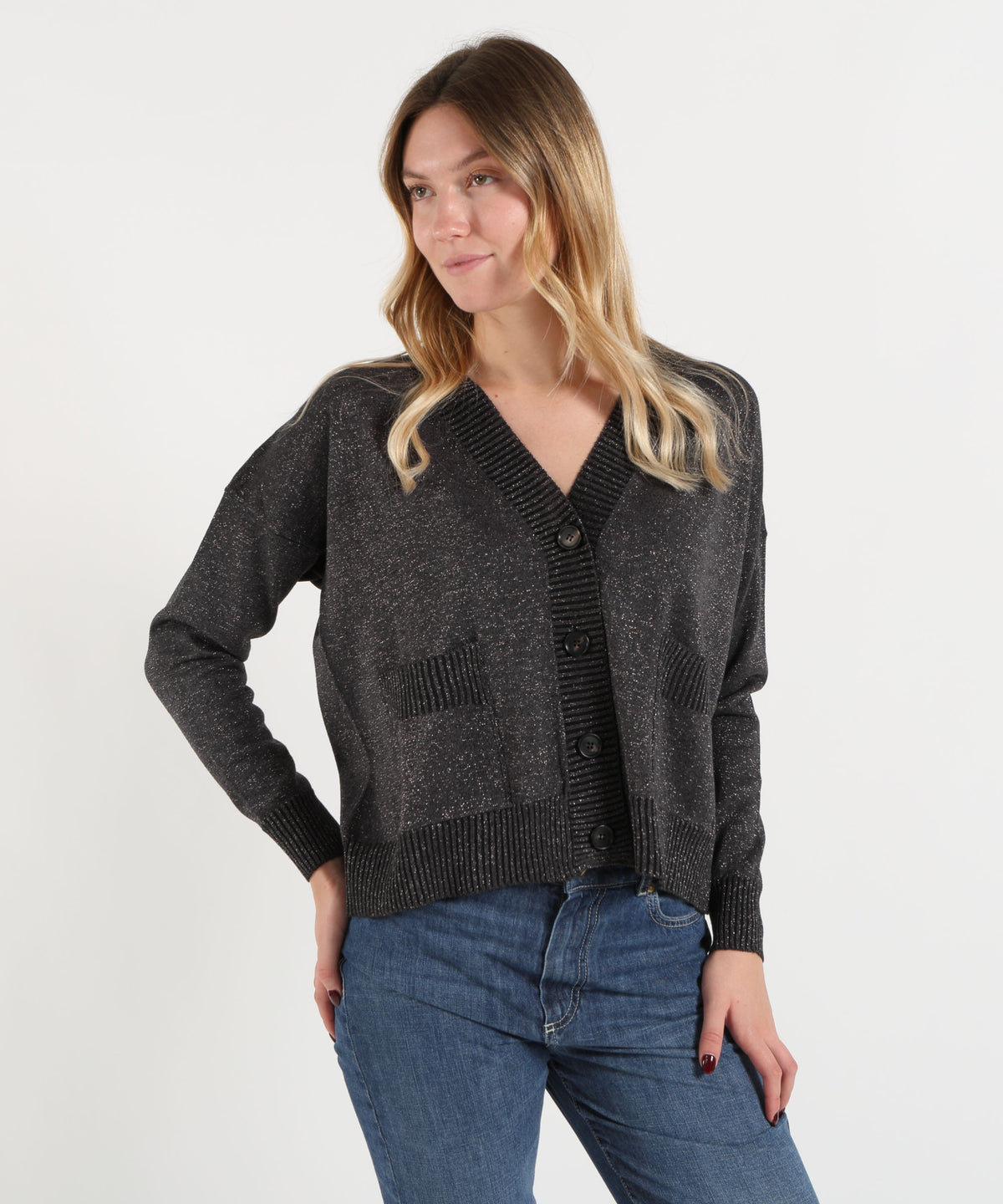 D.EXTERIOR Cardigan Donna in Maglia con Filo Lurex e Scollo a V