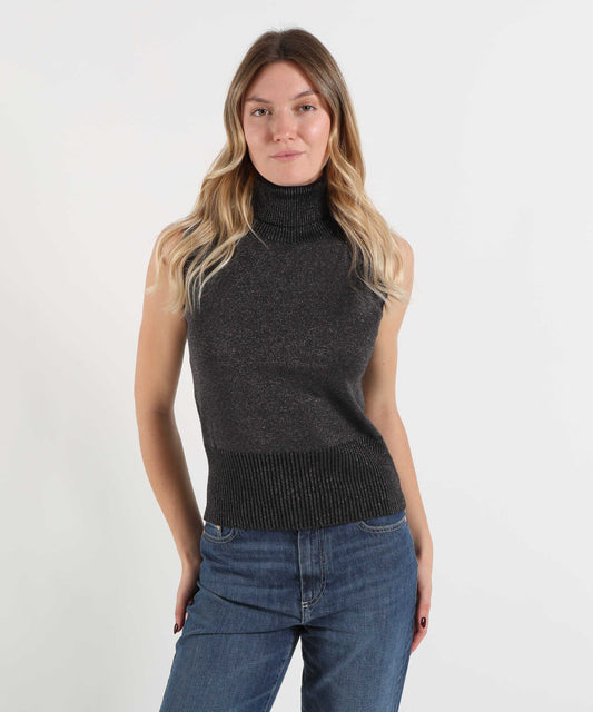 Top D.EXTERIOR Top Donna Smanicato in Maglia con Collo Alto e Filo Lurex Antracite | D.EXTERIOR