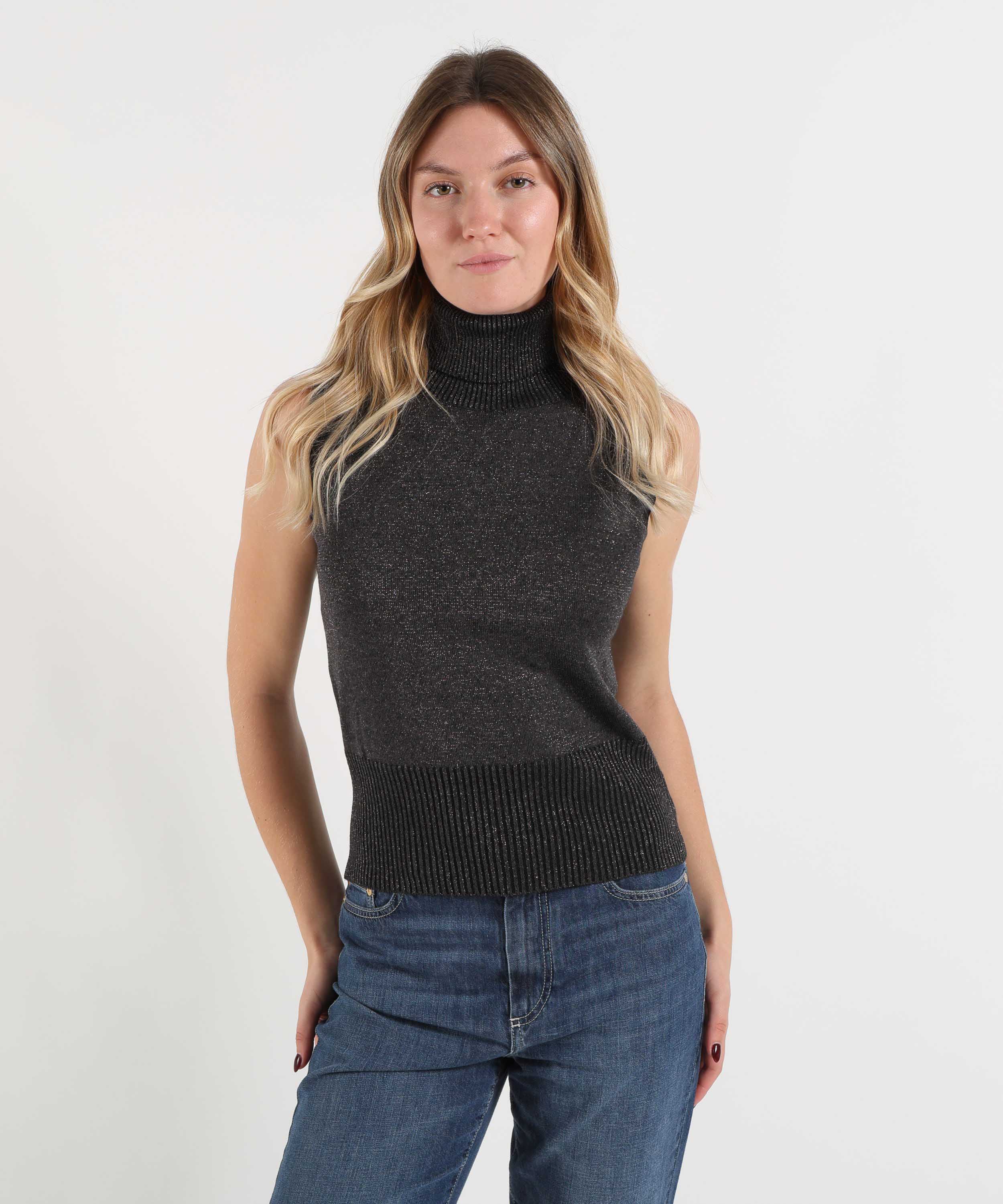 Top D.EXTERIOR Top Donna Smanicato in Maglia con Collo Alto e Filo Lurex Antracite | D.EXTERIOR