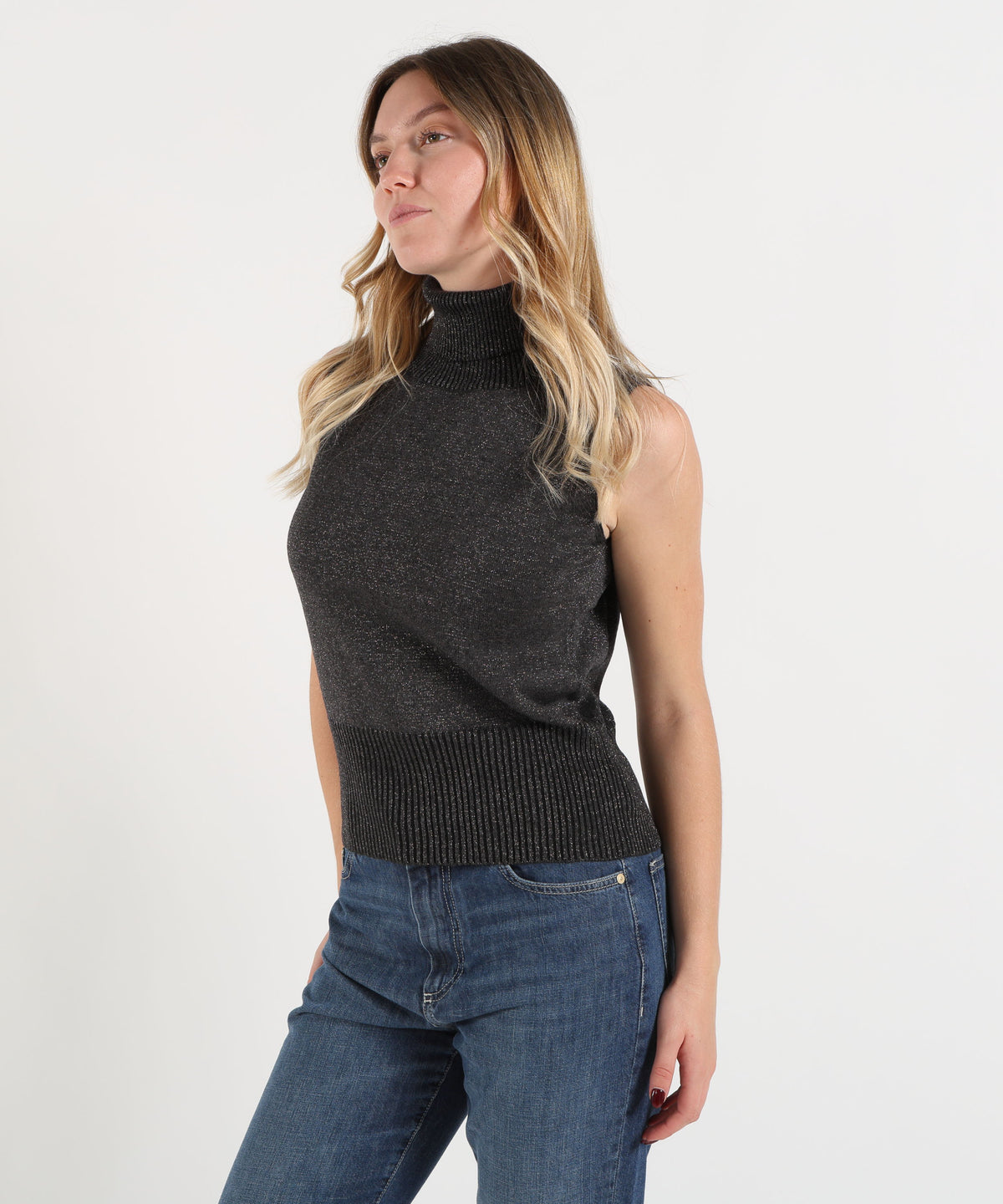 Top D.EXTERIOR Top Donna Smanicato in Maglia con Collo Alto e Filo Lurex Antracite | D.EXTERIOR