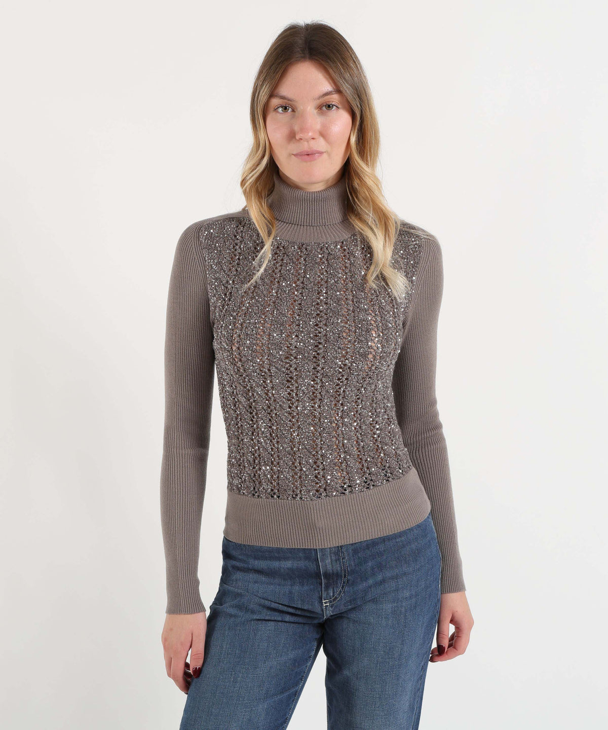 D.EXTERIOR Maglia Donna Dolcevita con Paillettes sul Davanti ed Effetto Costina