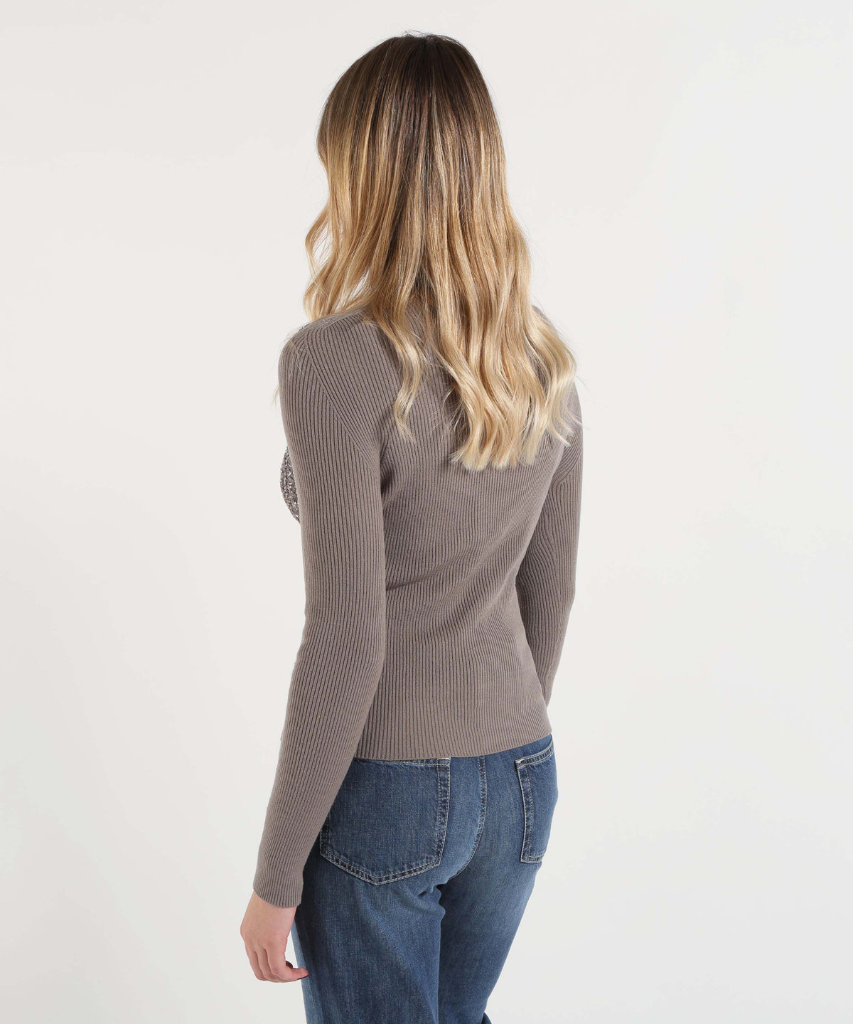 D.EXTERIOR Maglia Donna Dolcevita con Paillettes sul Davanti ed Effetto Costina