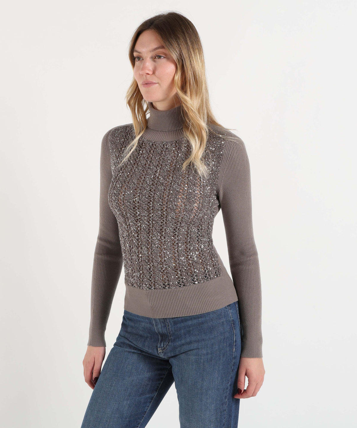 D.EXTERIOR Maglia Donna Dolcevita con Paillettes sul Davanti ed Effetto Costina