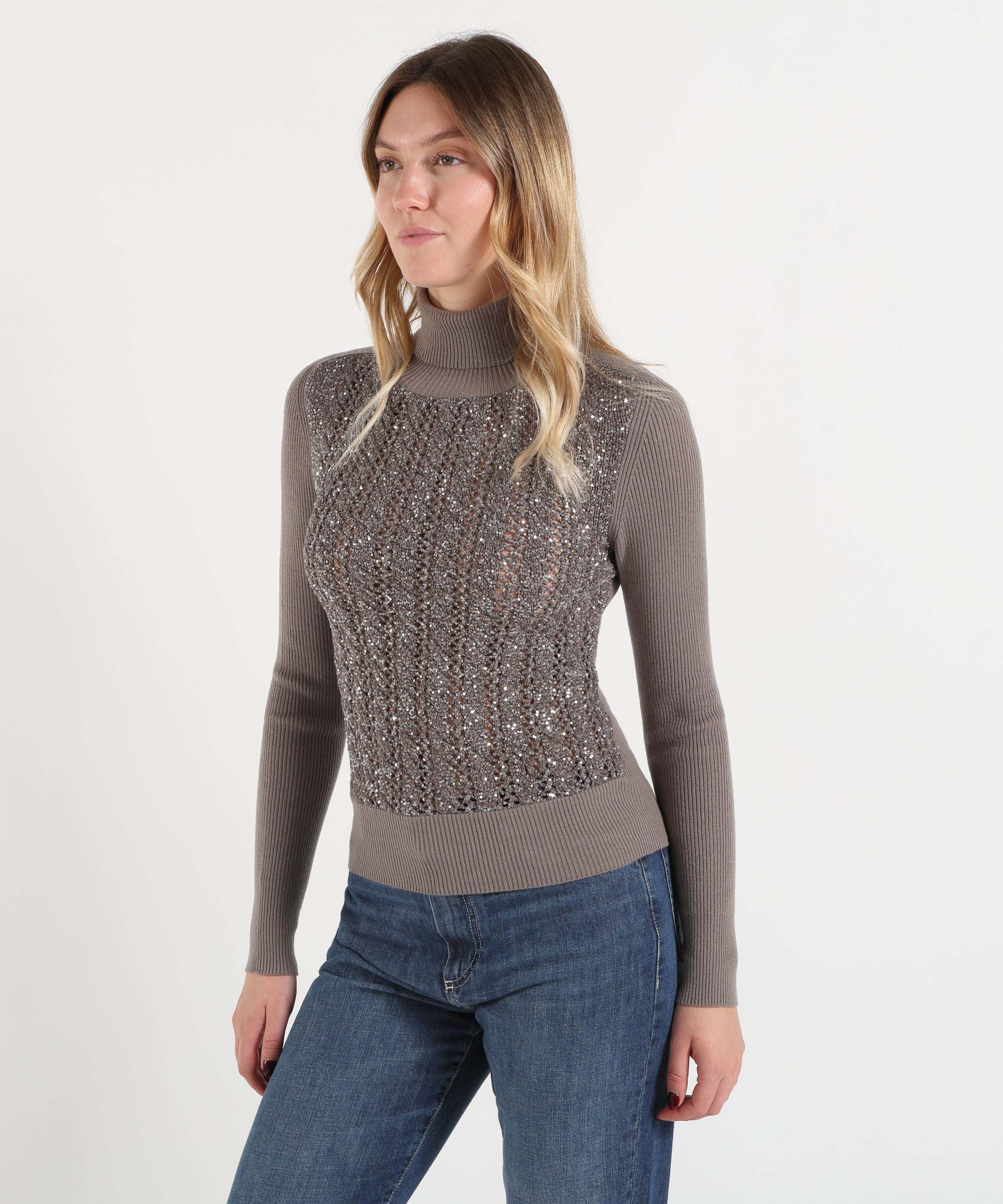 Maglie D.EXTERIOR Maglia Donna Dolcevita con Paillettes sul Davanti ed Effetto Costina Visone | D.EXTERIOR
