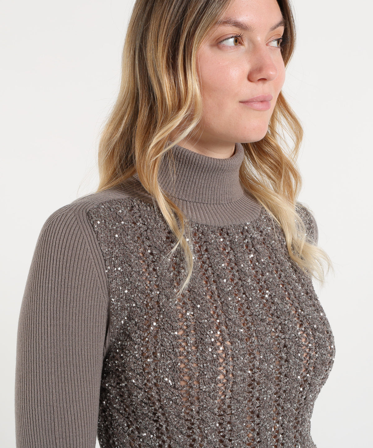D.EXTERIOR Maglia Donna Dolcevita con Paillettes sul Davanti ed Effetto Costina