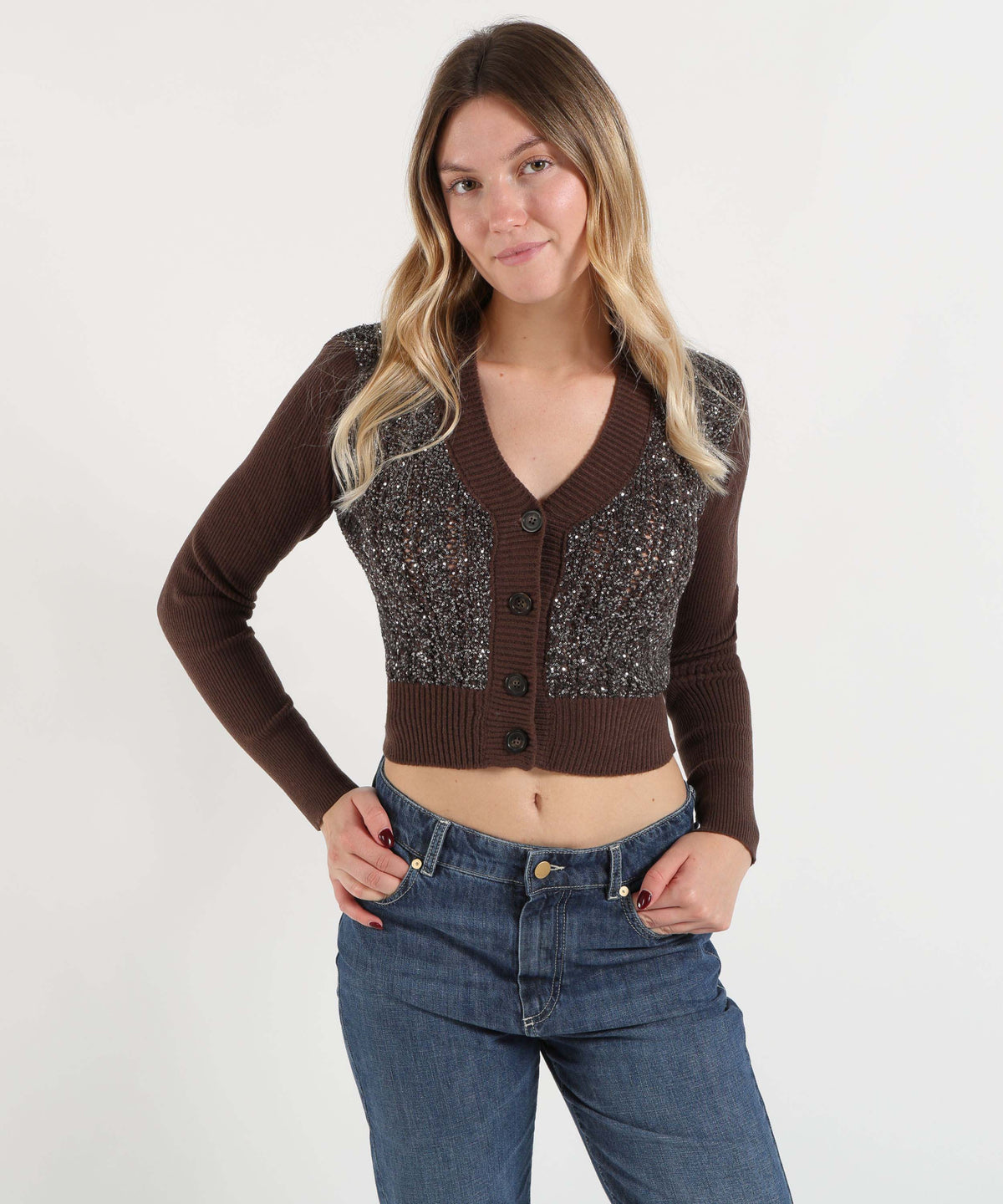 Cardigan D.EXTERIOR Cardigan Donna Cropped con Scollo a V, Bottoni e Paillettes Cioccolato | D.EXTERIOR