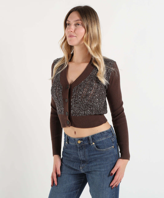 Cardigan D.EXTERIOR Cardigan Donna Cropped con Scollo a V, Bottoni e Paillettes Cioccolato | D.EXTERIOR